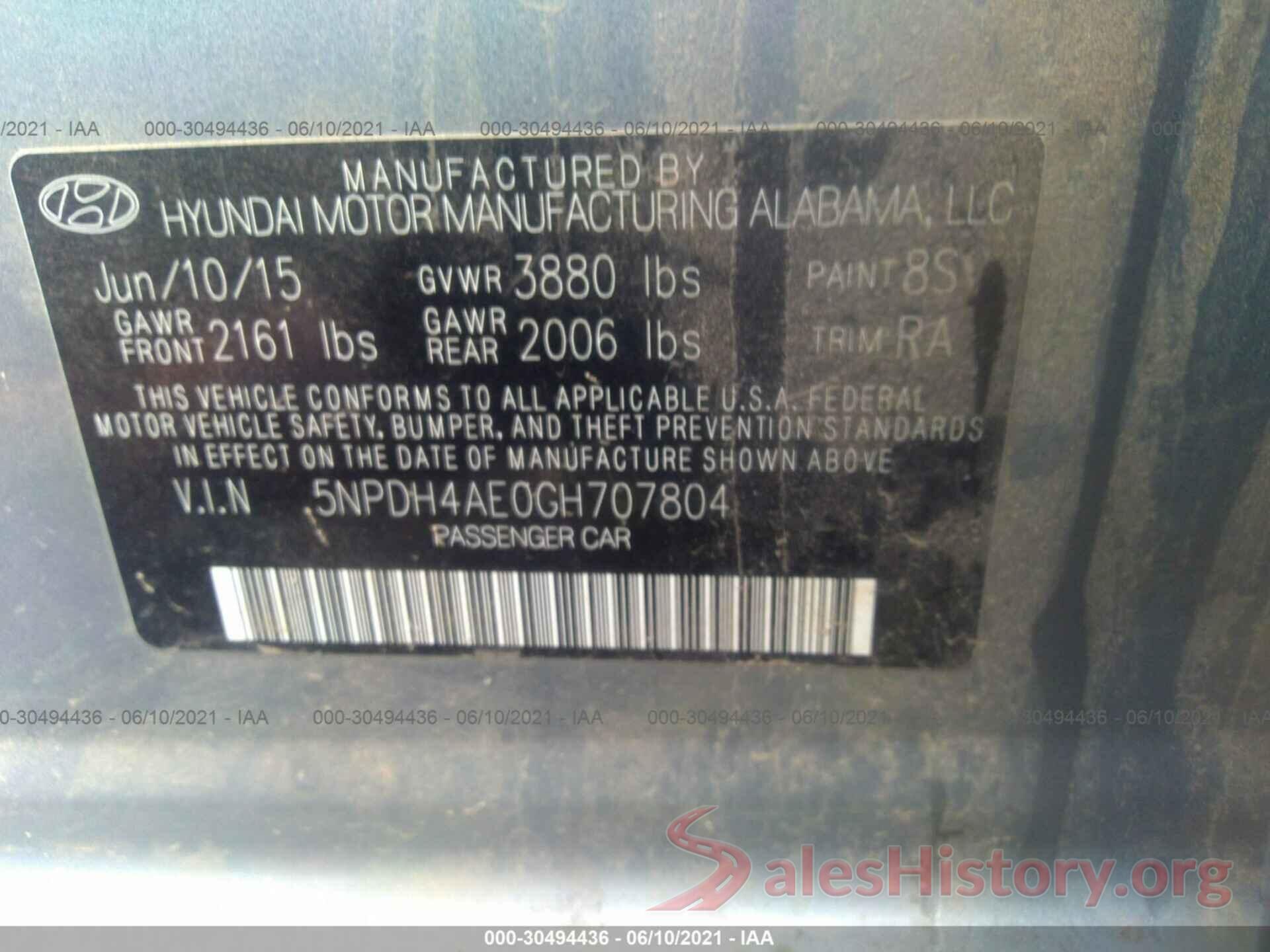 5NPDH4AE0GH707804 2016 HYUNDAI ELANTRA