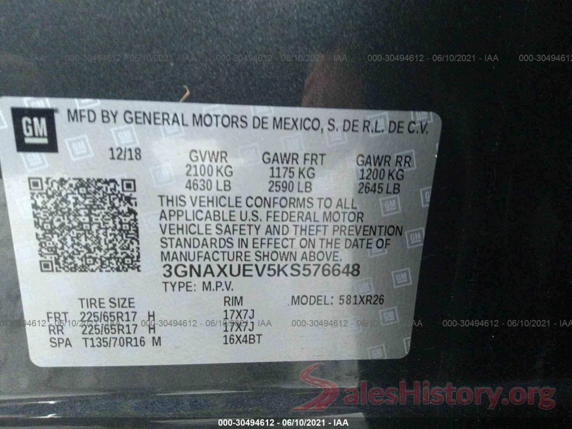 3GNAXUEV5KS576648 2019 CHEVROLET EQUINOX