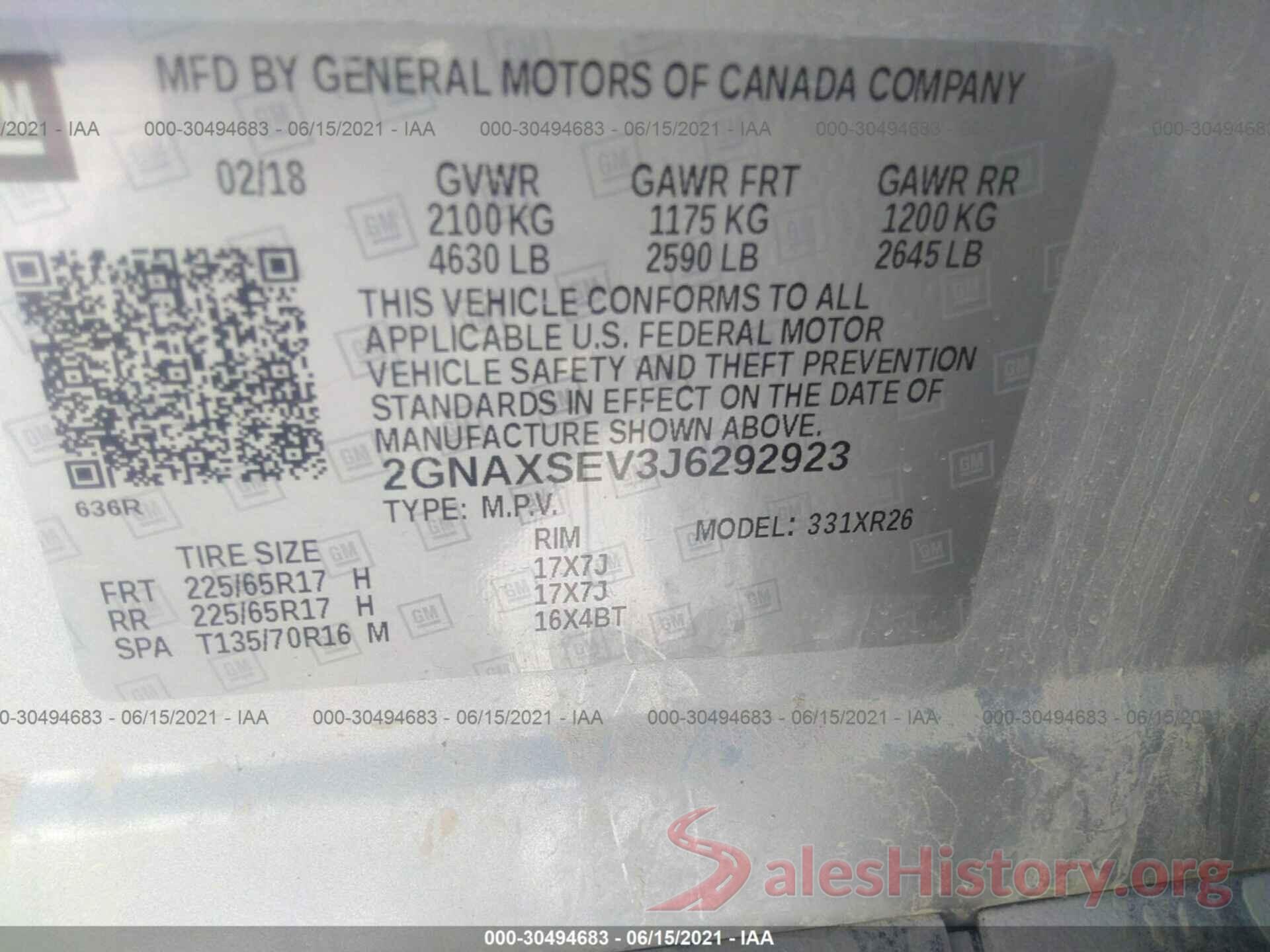 2GNAXSEV3J6292923 2018 CHEVROLET EQUINOX