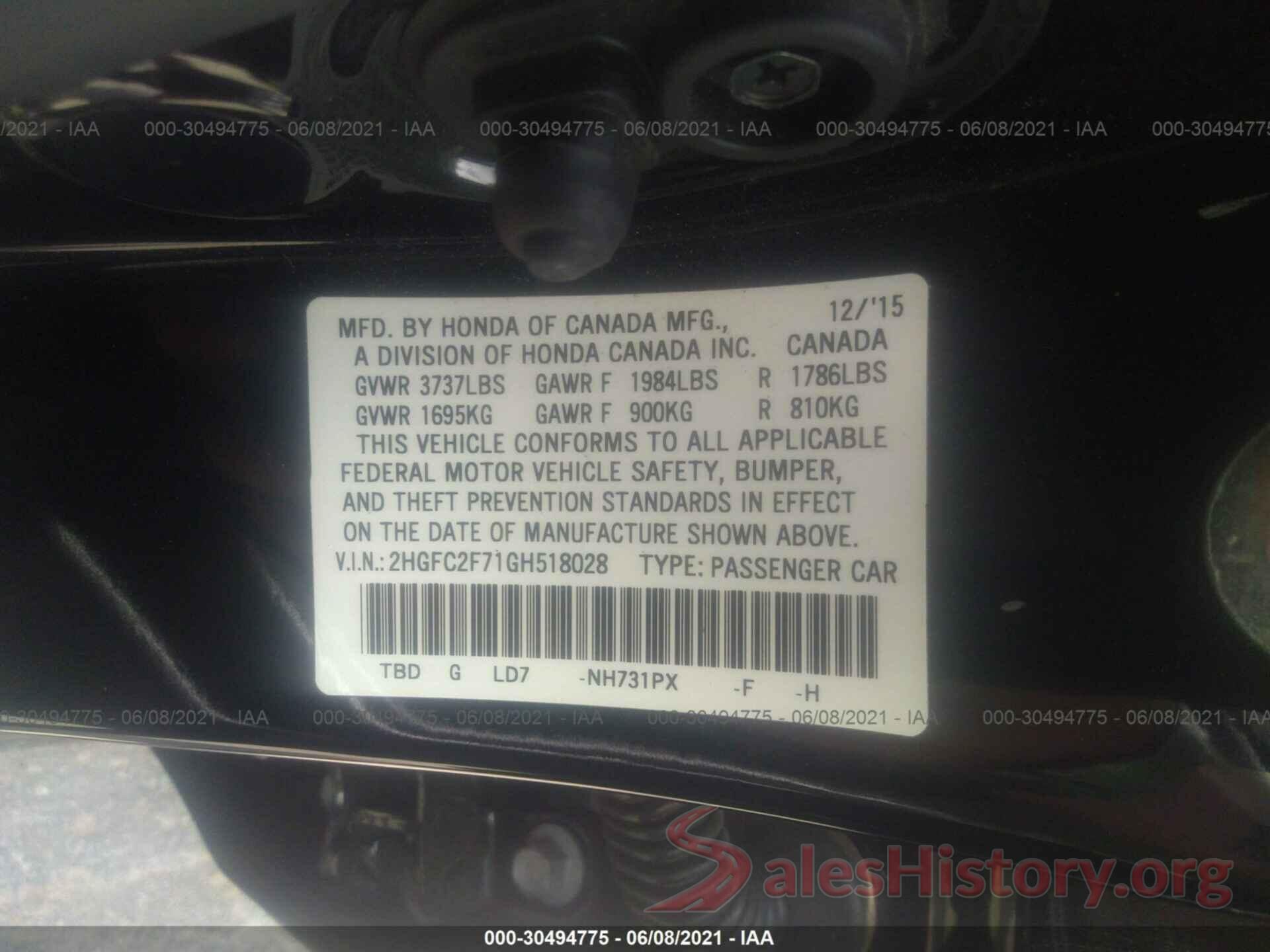 2HGFC2F71GH518028 2016 HONDA CIVIC SEDAN