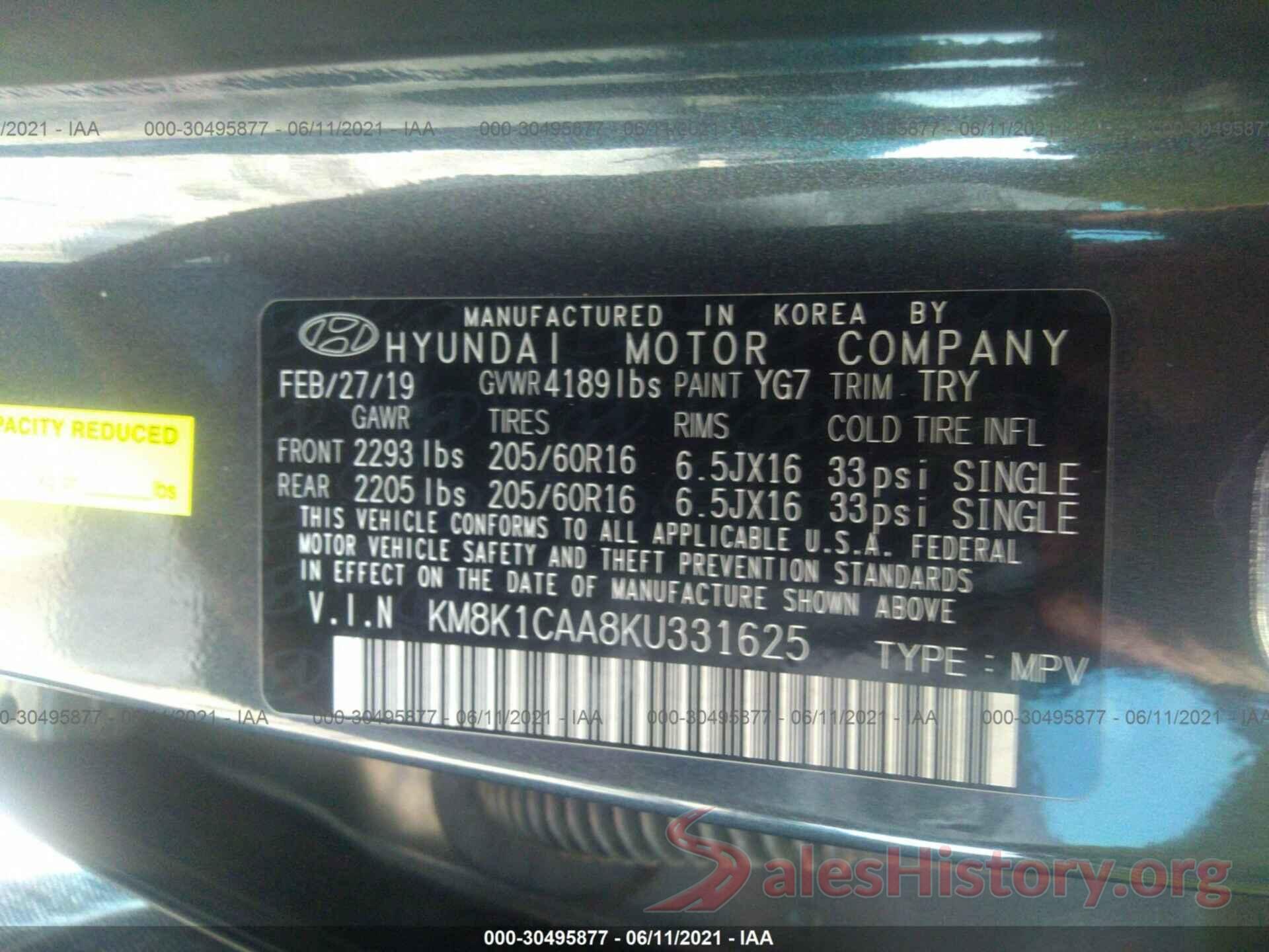 KM8K1CAA8KU331625 2019 HYUNDAI KONA