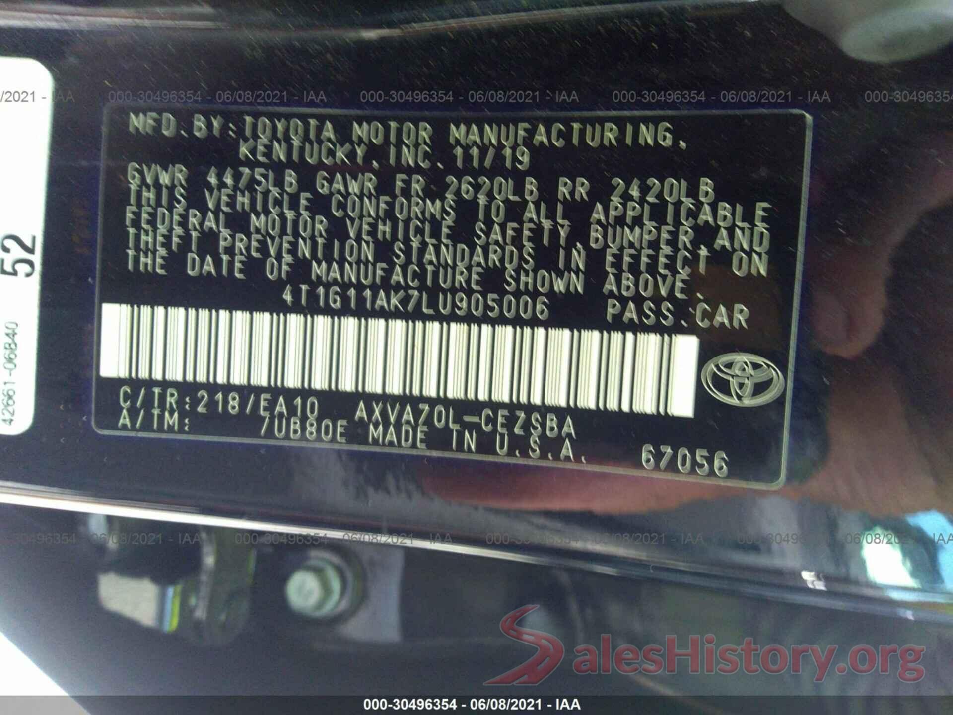 4T1G11AK7LU905006 2020 TOYOTA CAMRY