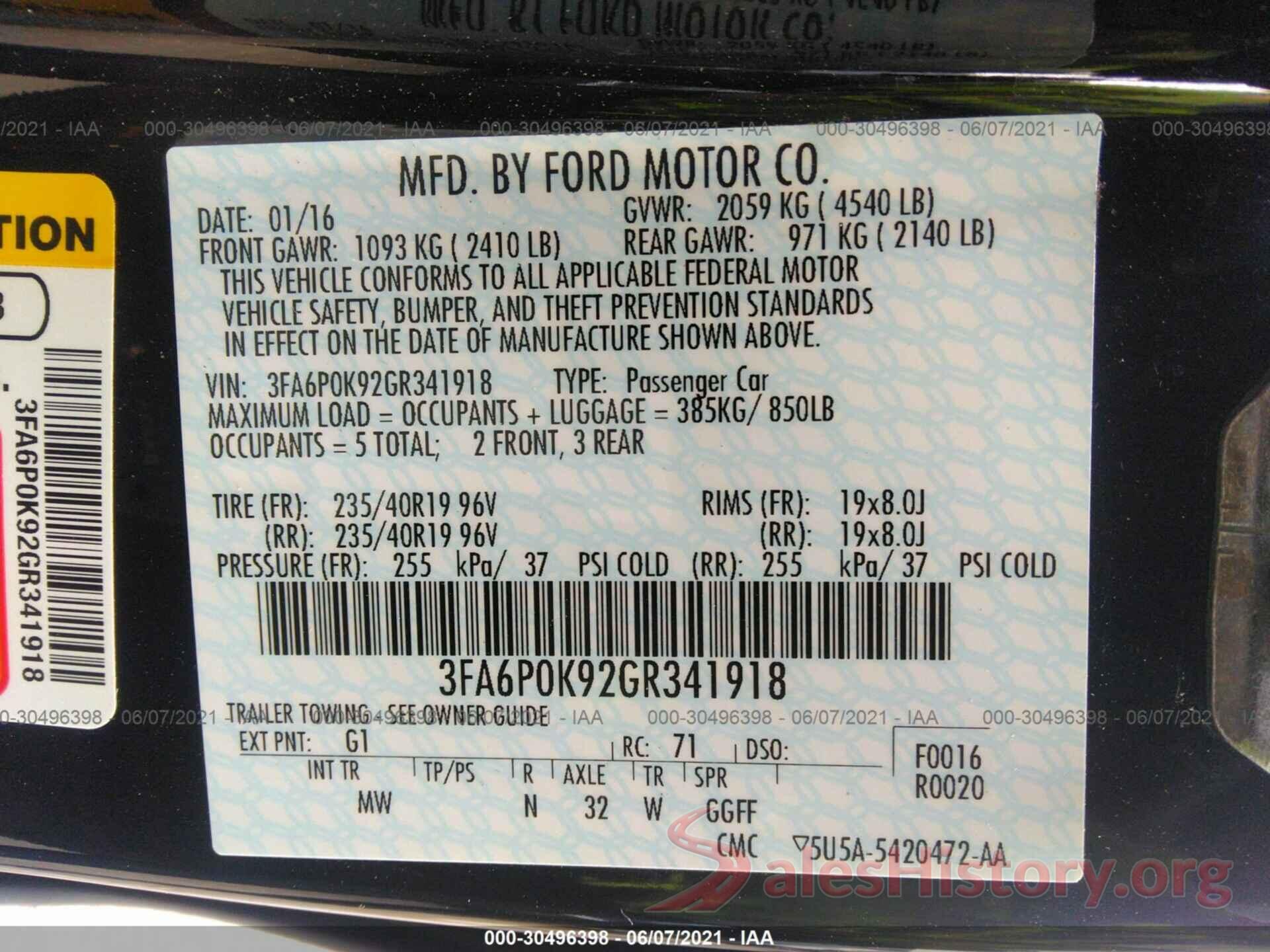 3FA6P0K92GR341918 2016 FORD FUSION