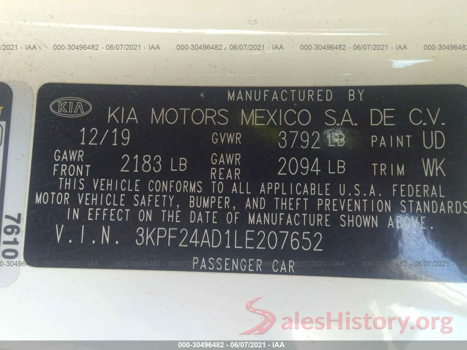 3KPF24AD1LE207652 2020 KIA FORTE