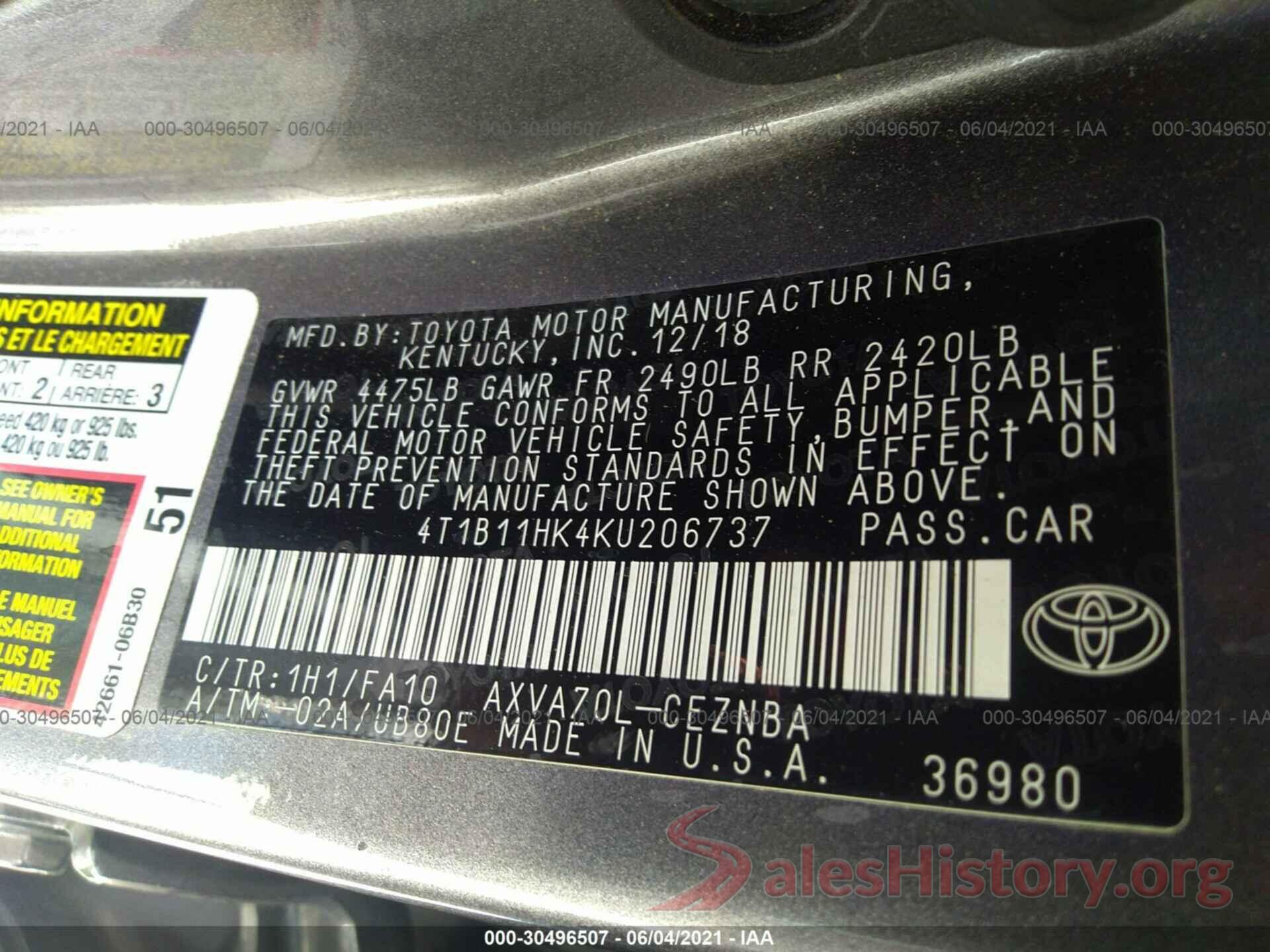 4T1B11HK4KU206737 2019 TOYOTA CAMRY