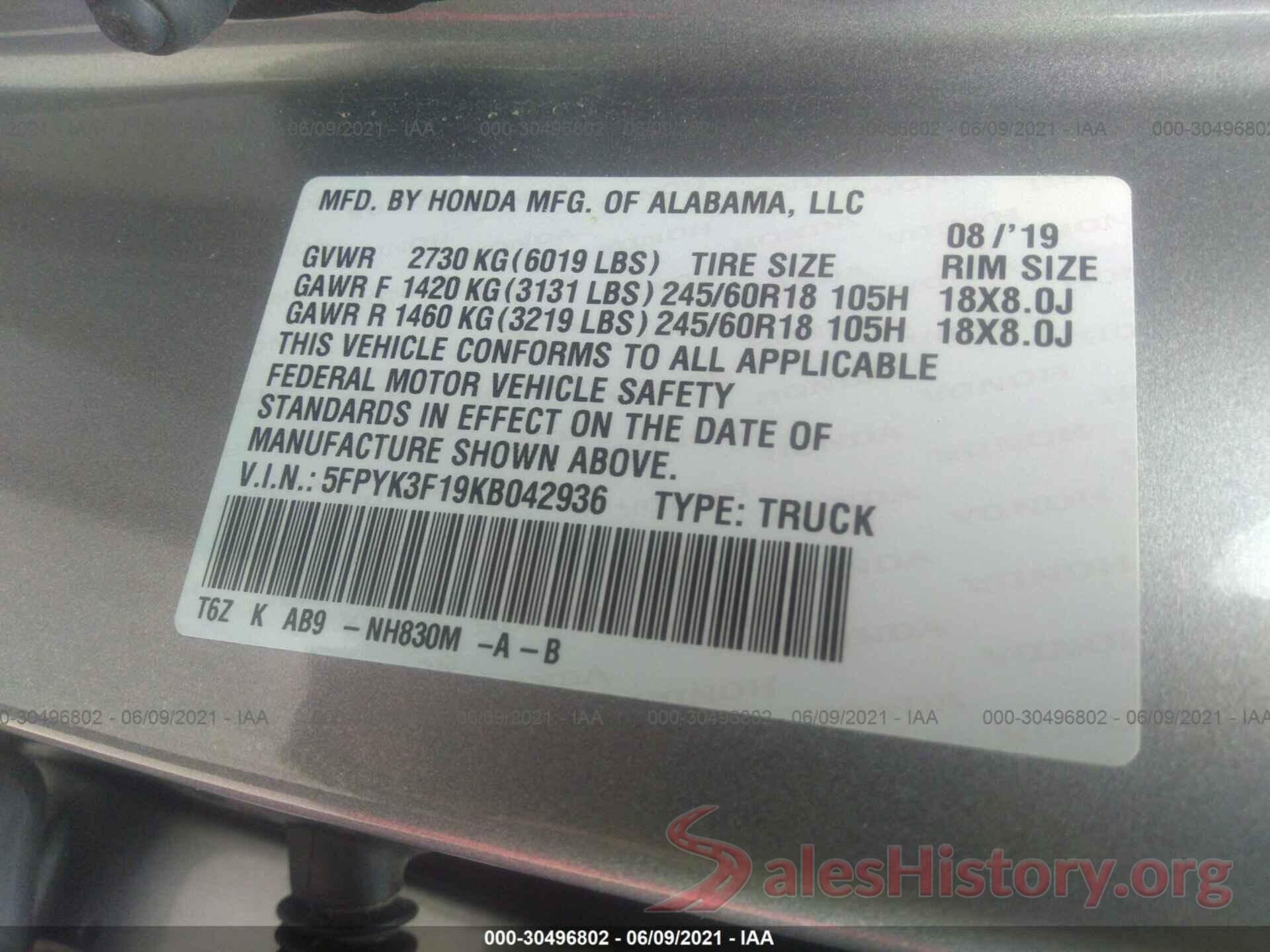 5FPYK3F19KB042936 2019 HONDA RIDGELINE