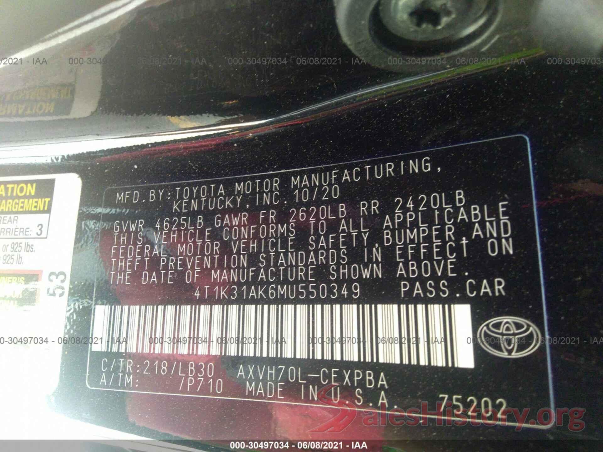 4T1K31AK6MU550349 2021 TOYOTA CAMRY