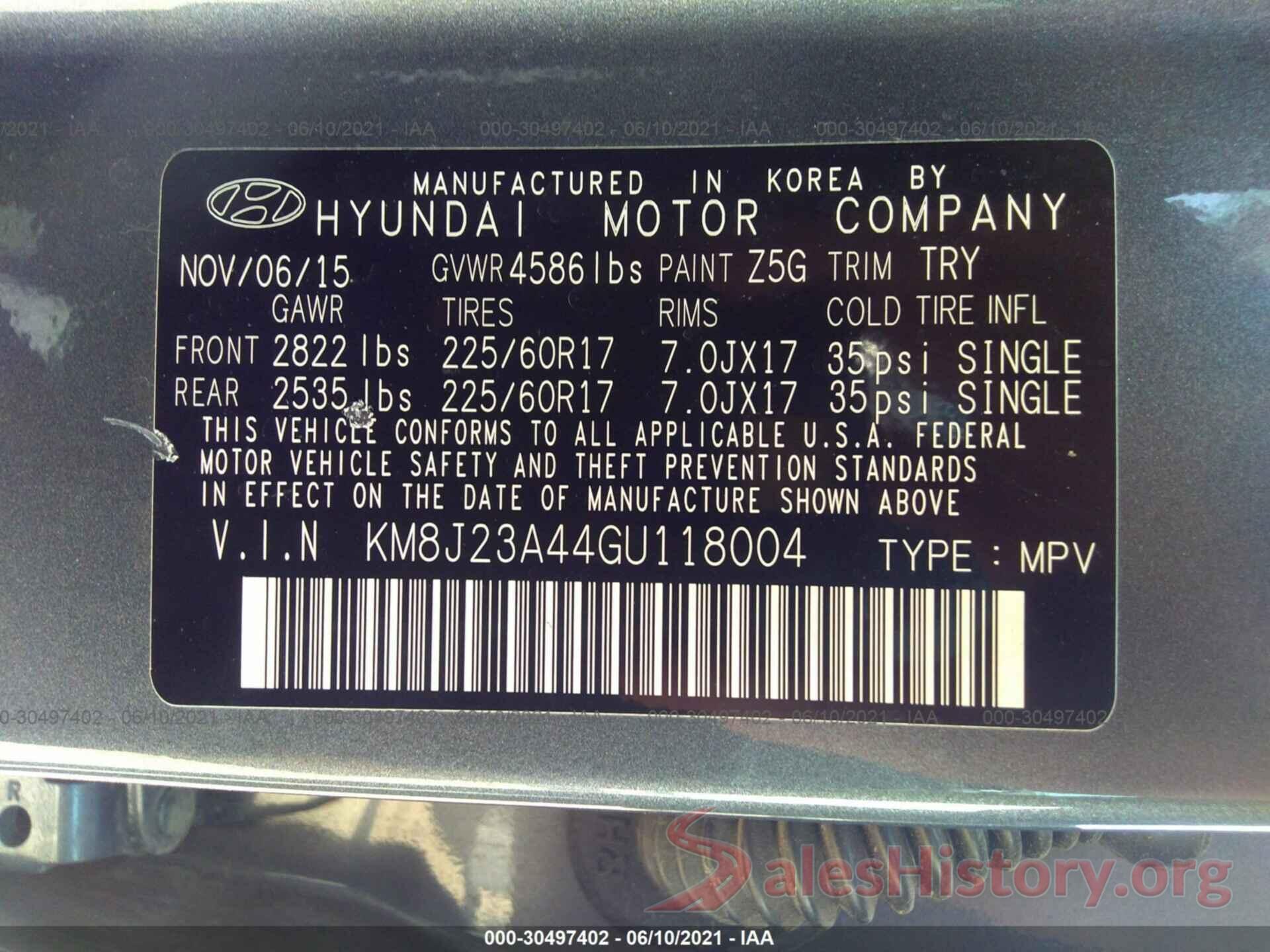 KM8J23A44GU118004 2016 HYUNDAI TUCSON