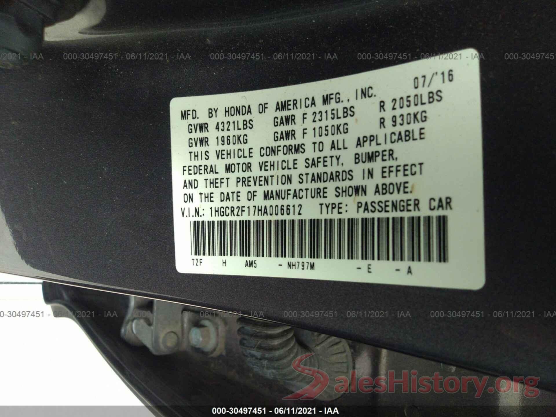 1HGCR2F17HA006612 2017 HONDA ACCORD SEDAN