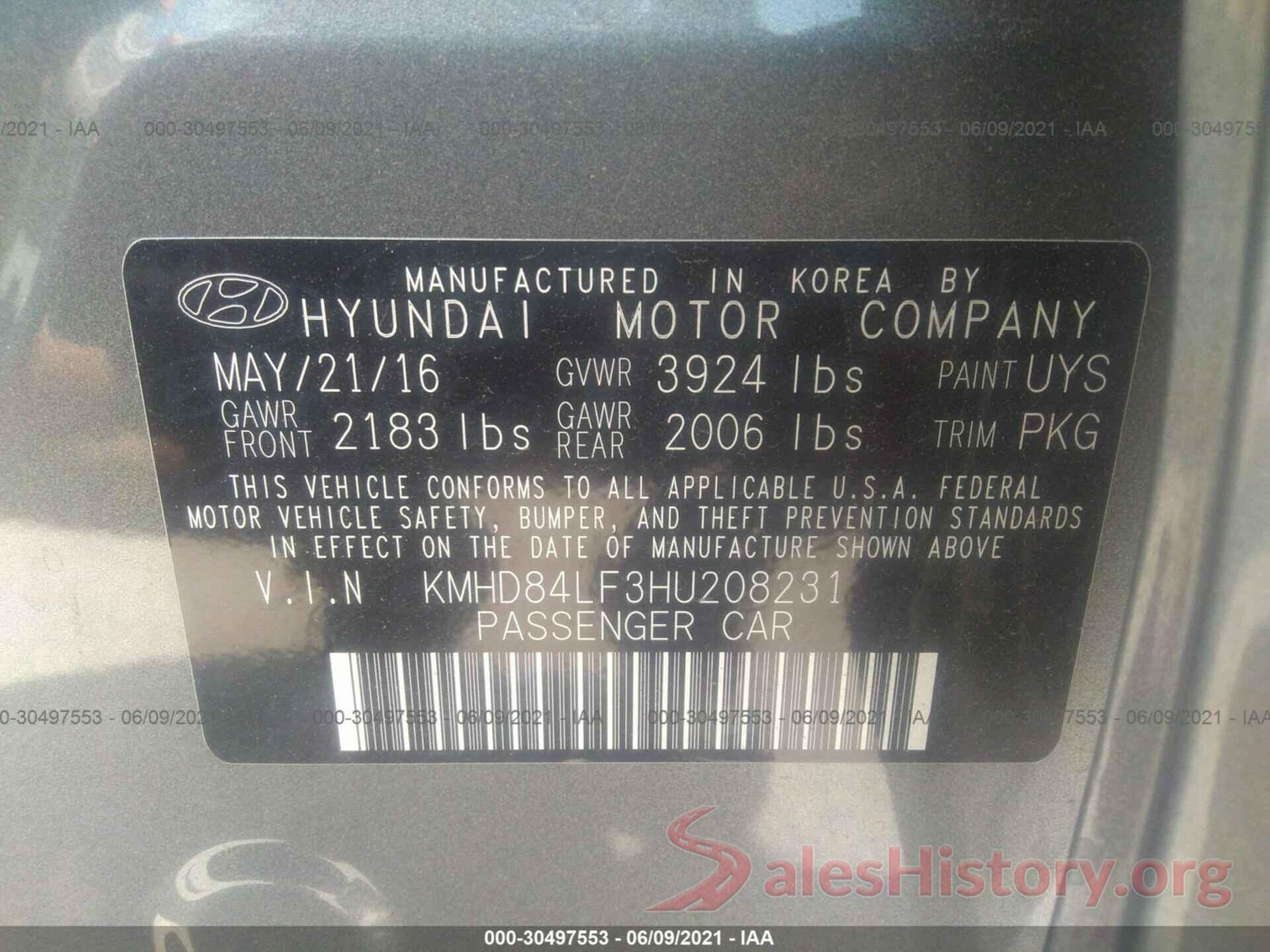 KMHD84LF3HU208231 2017 HYUNDAI ELANTRA