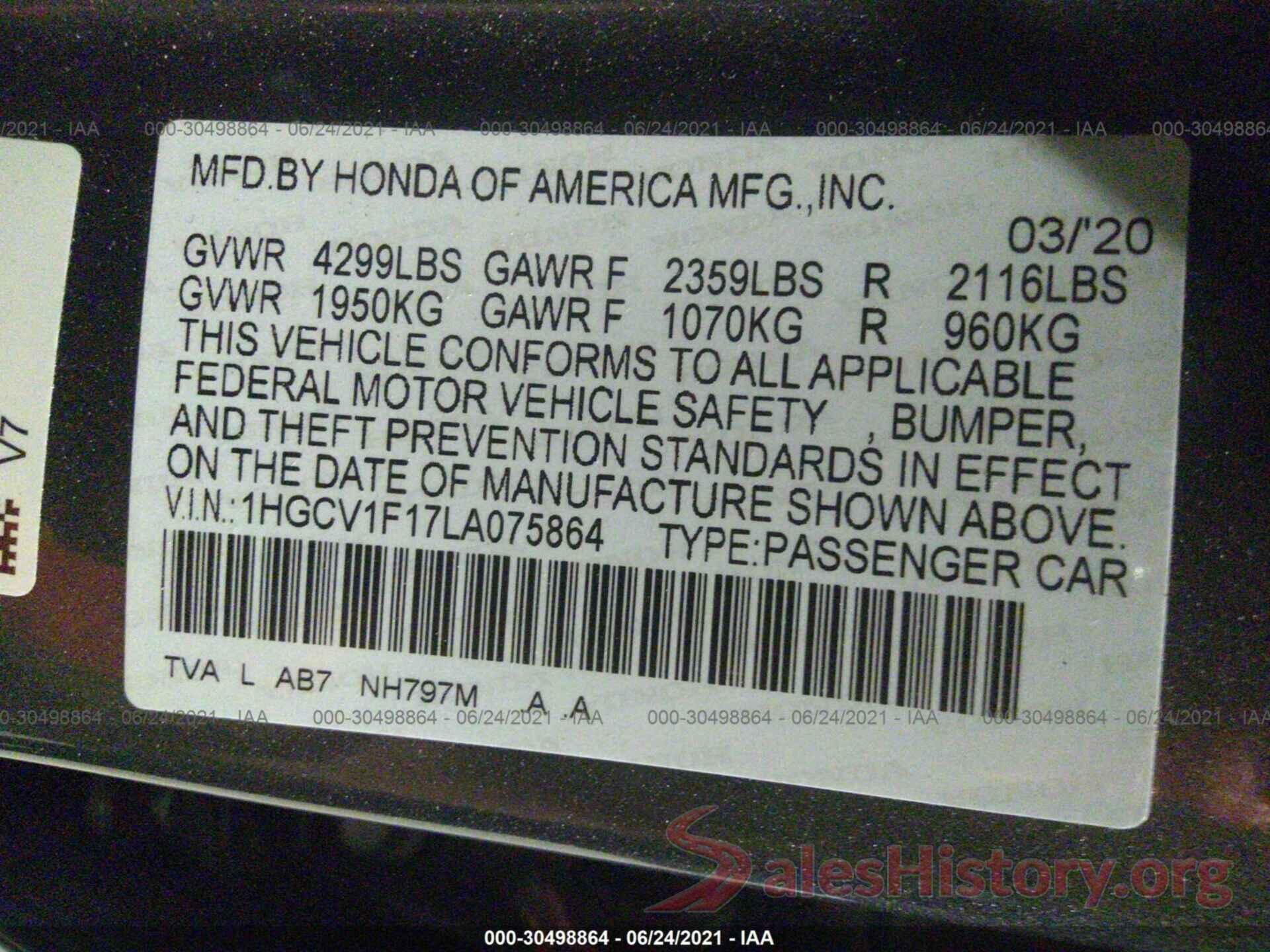 1HGCV1F17LA075864 2020 HONDA ACCORD SEDAN