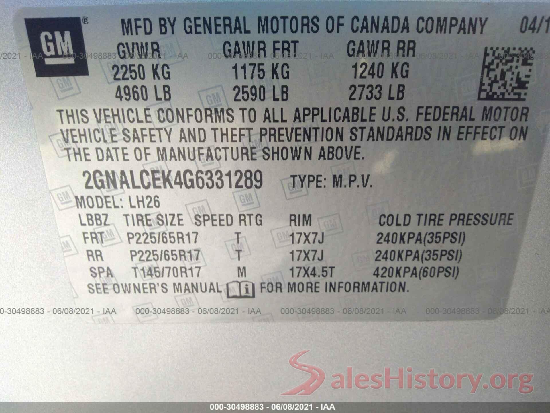 2GNALCEK4G6331289 2016 CHEVROLET EQUINOX