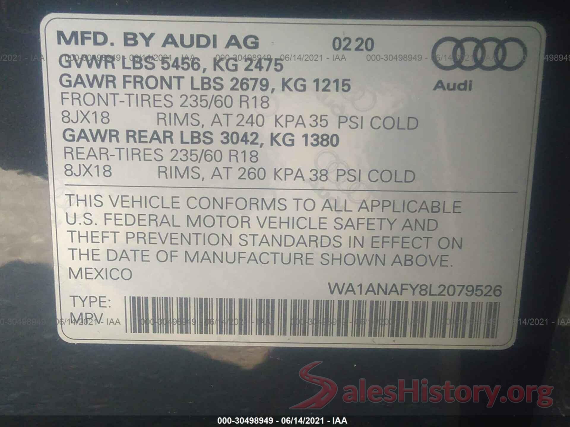 WA1ANAFY8L2079526 2020 AUDI Q5