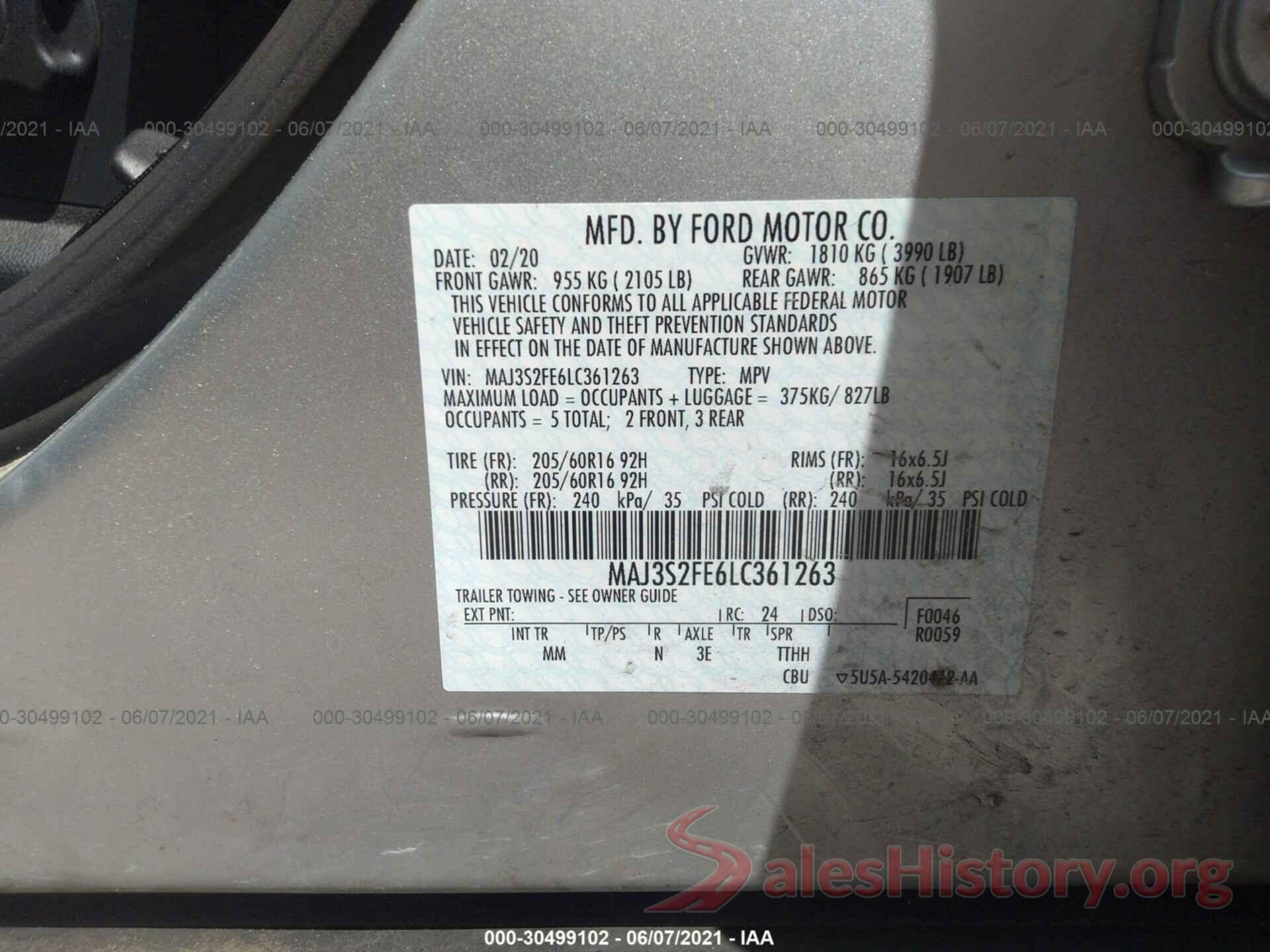 MAJ3S2FE6LC361263 2020 FORD ECOSPORT