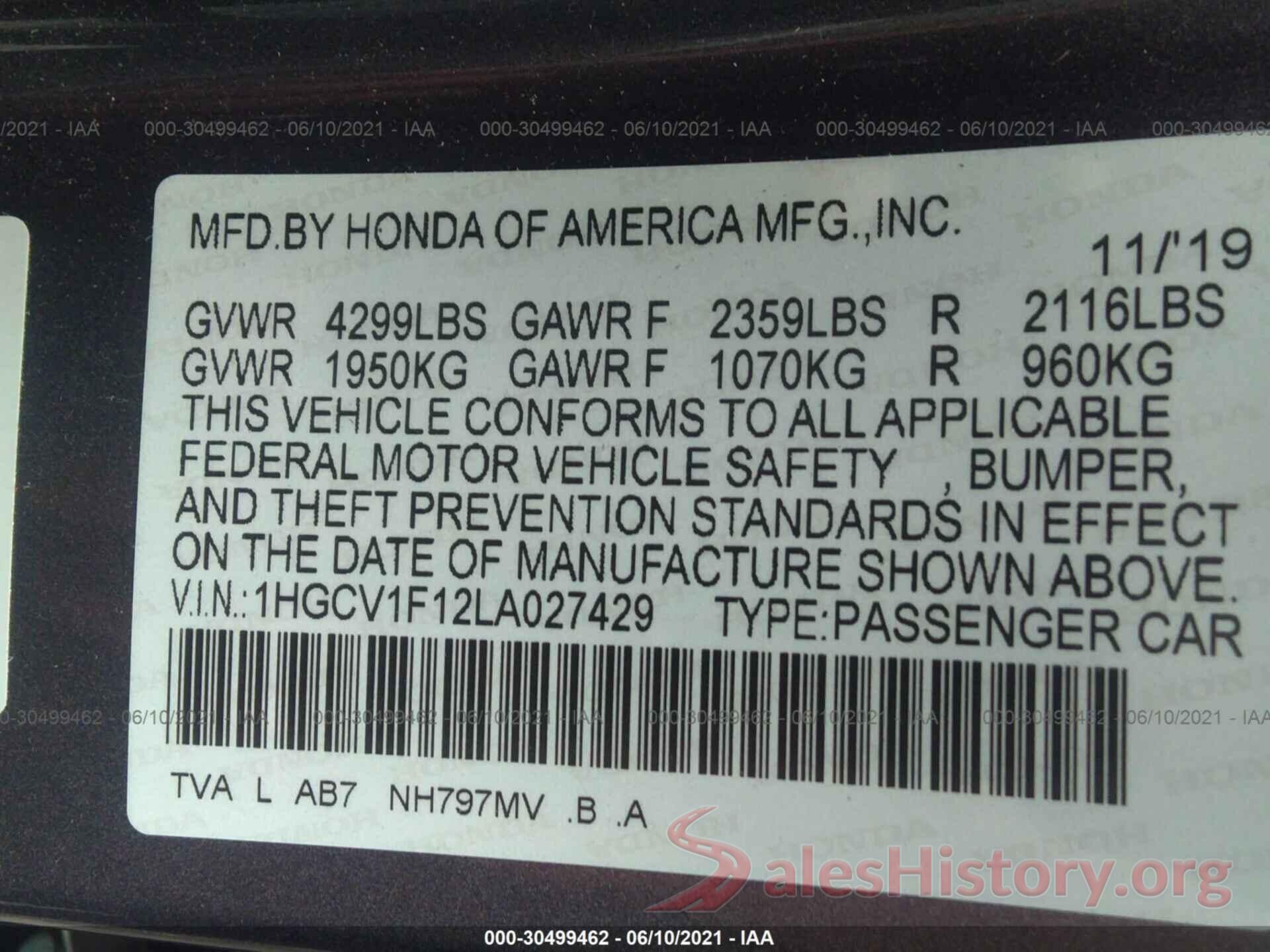 1HGCV1F12LA027429 2020 HONDA ACCORD SEDAN