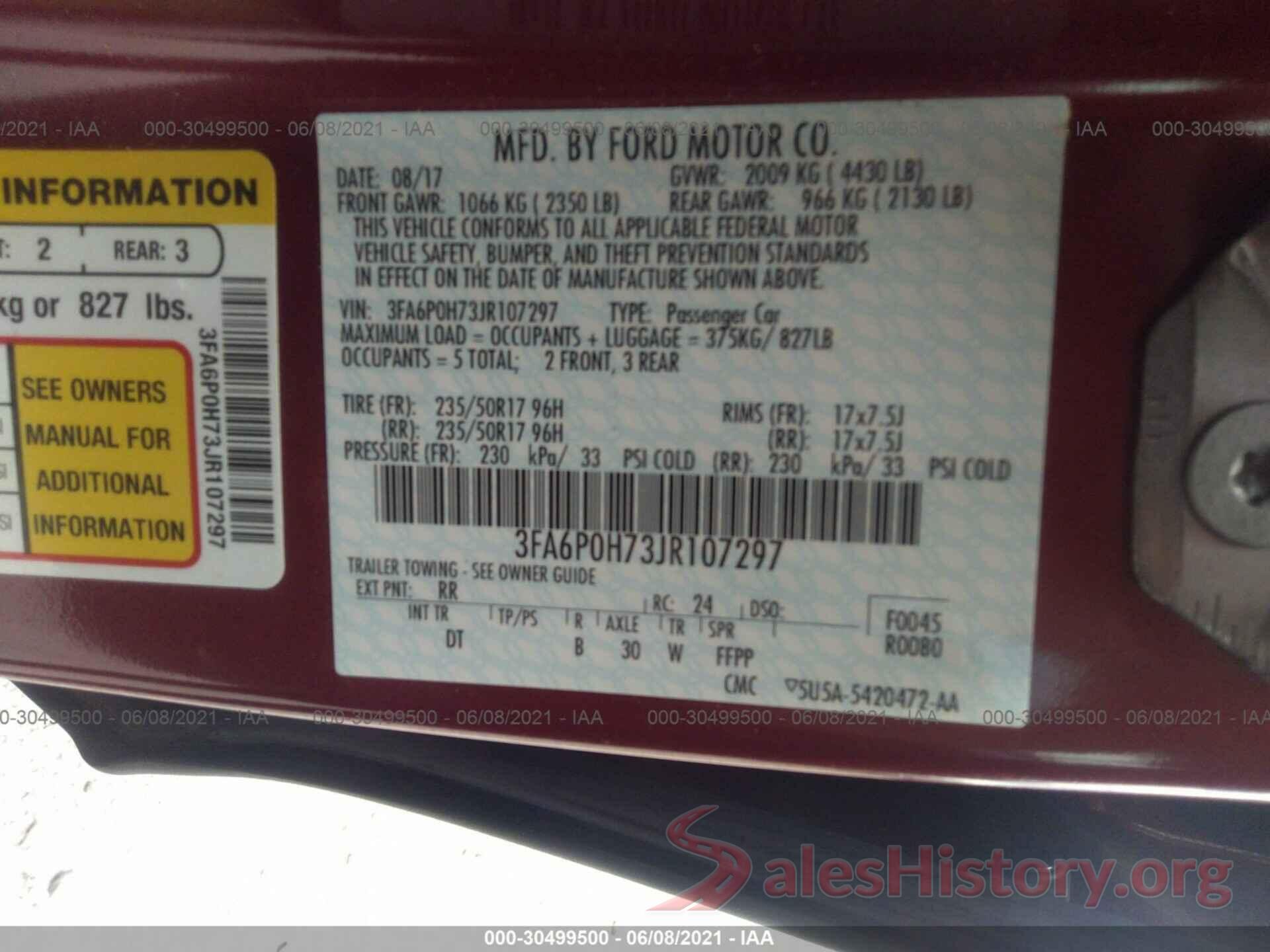 3FA6P0H73JR107297 2018 FORD FUSION