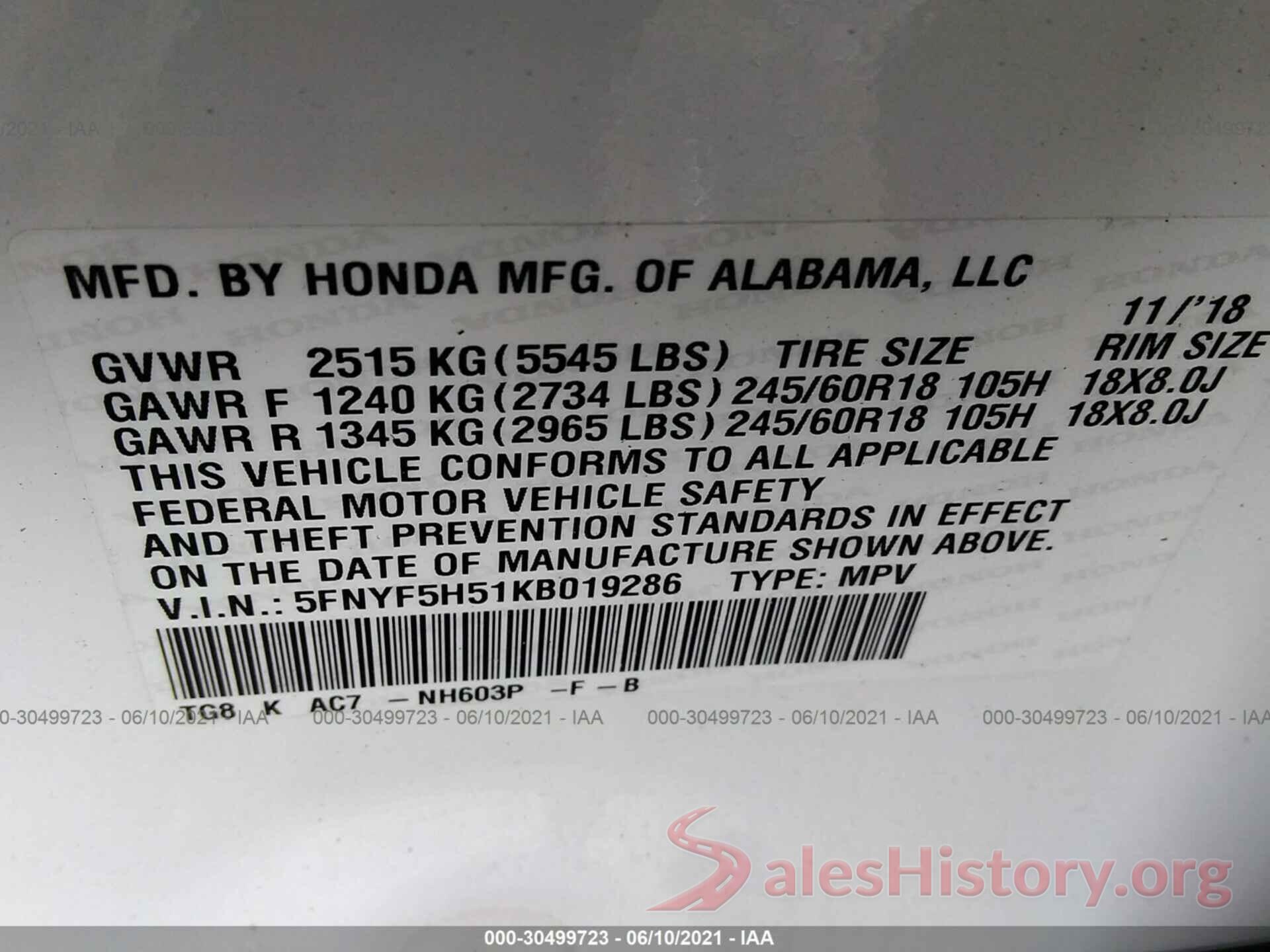 5FNYF5H51KB019286 2019 HONDA PILOT