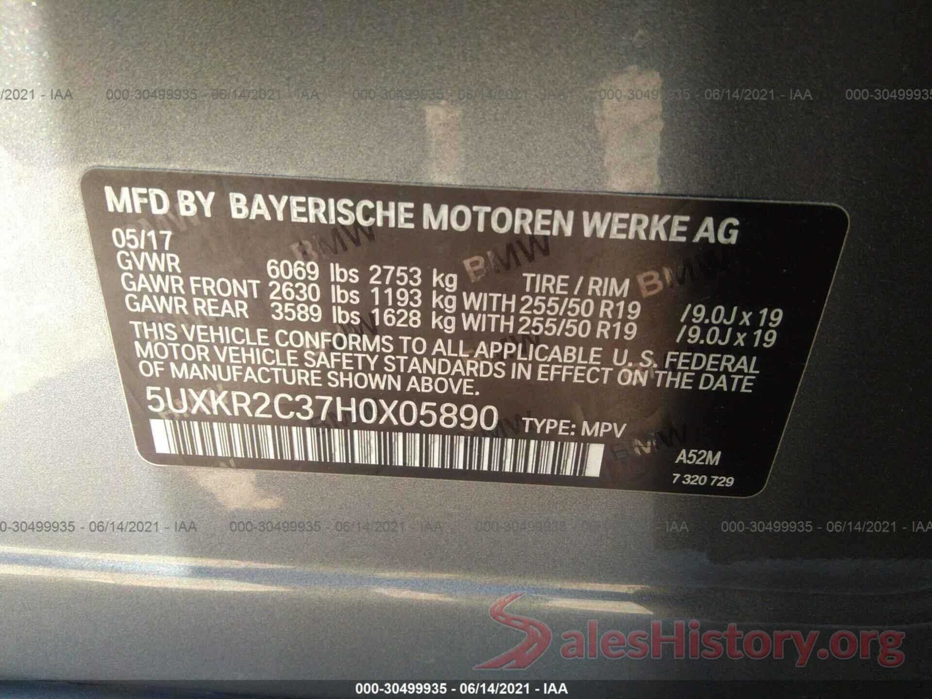 5UXKR2C37H0X05890 2017 BMW X5