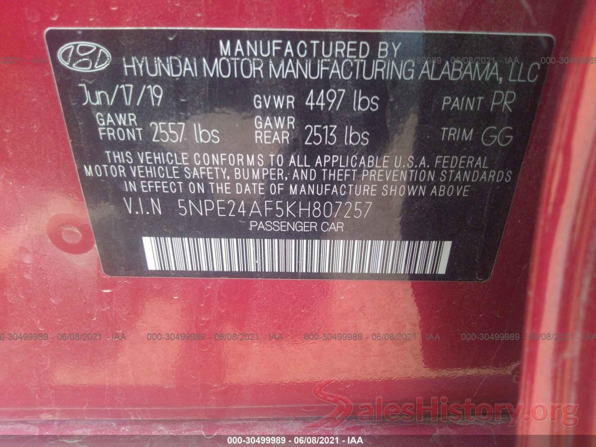 5NPE24AF5KH807257 2019 HYUNDAI SONATA