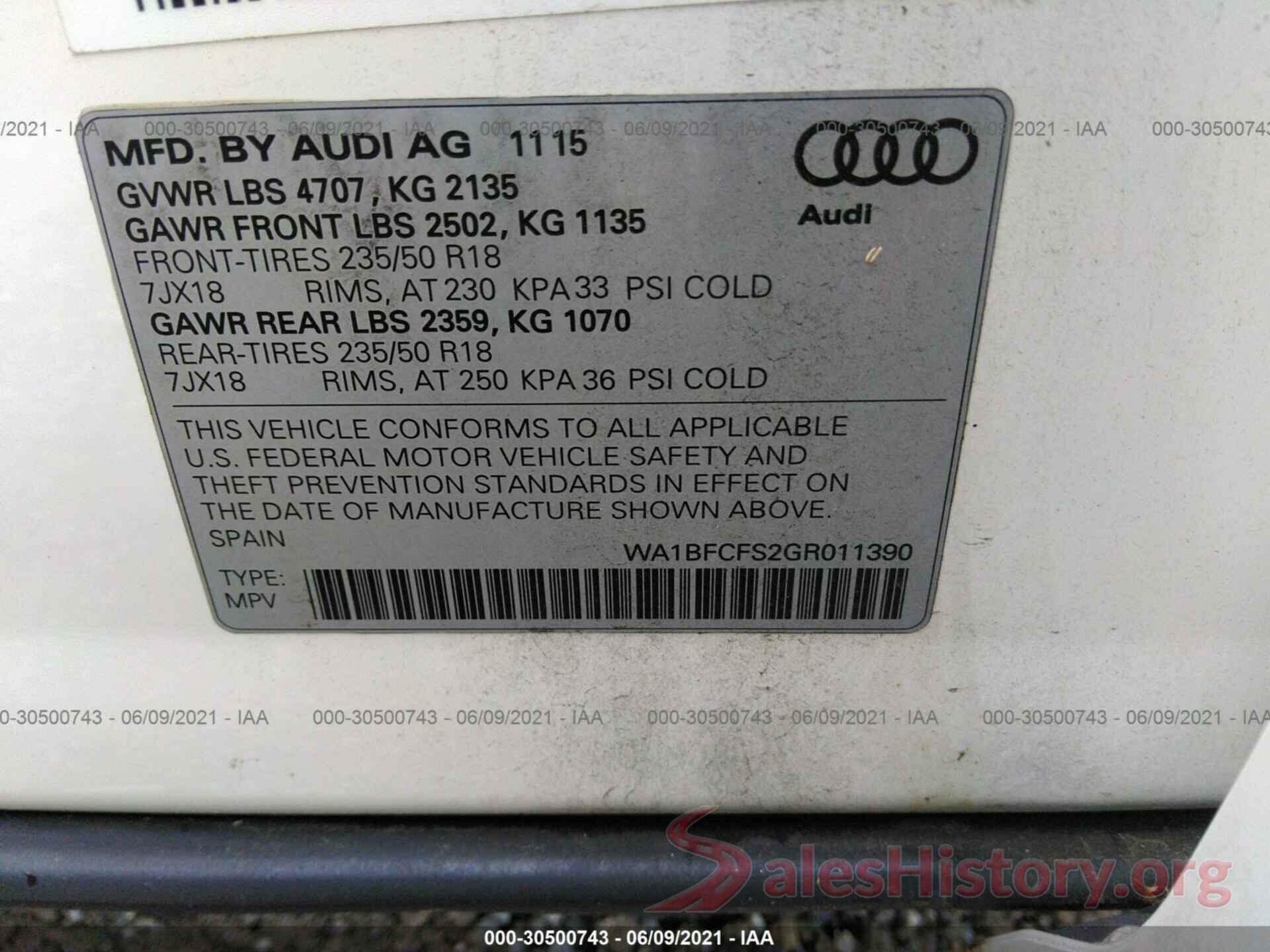 WA1BFCFS2GR011390 2016 AUDI Q3