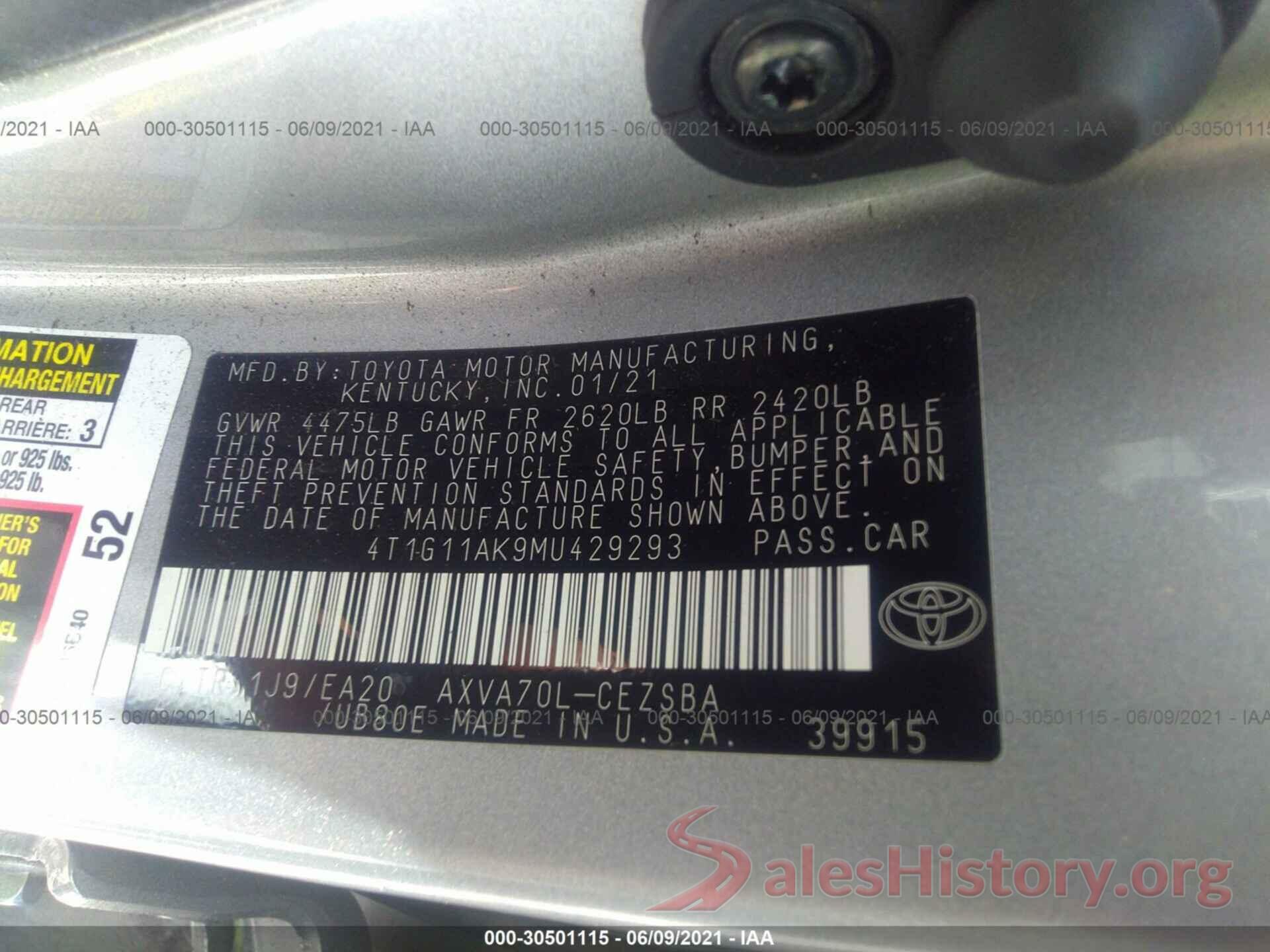 4T1G11AK9MU429293 2021 TOYOTA CAMRY