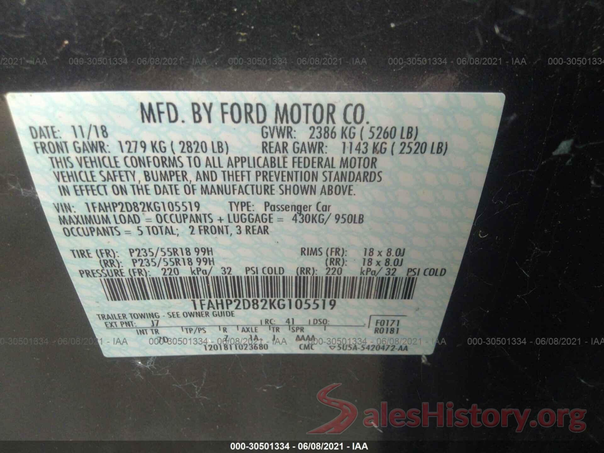 1FAHP2D82KG105519 2019 FORD TAURUS