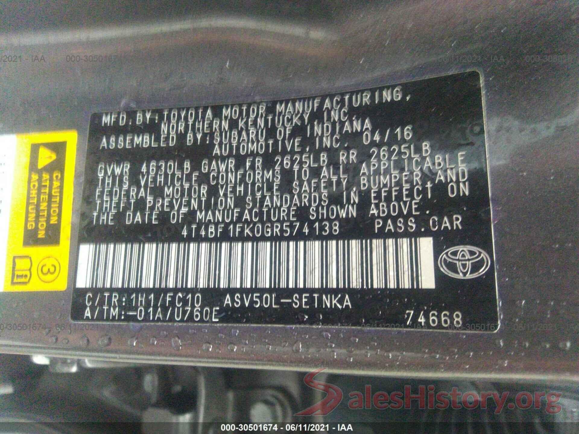 4T4BF1FK0GR574138 2016 TOYOTA CAMRY