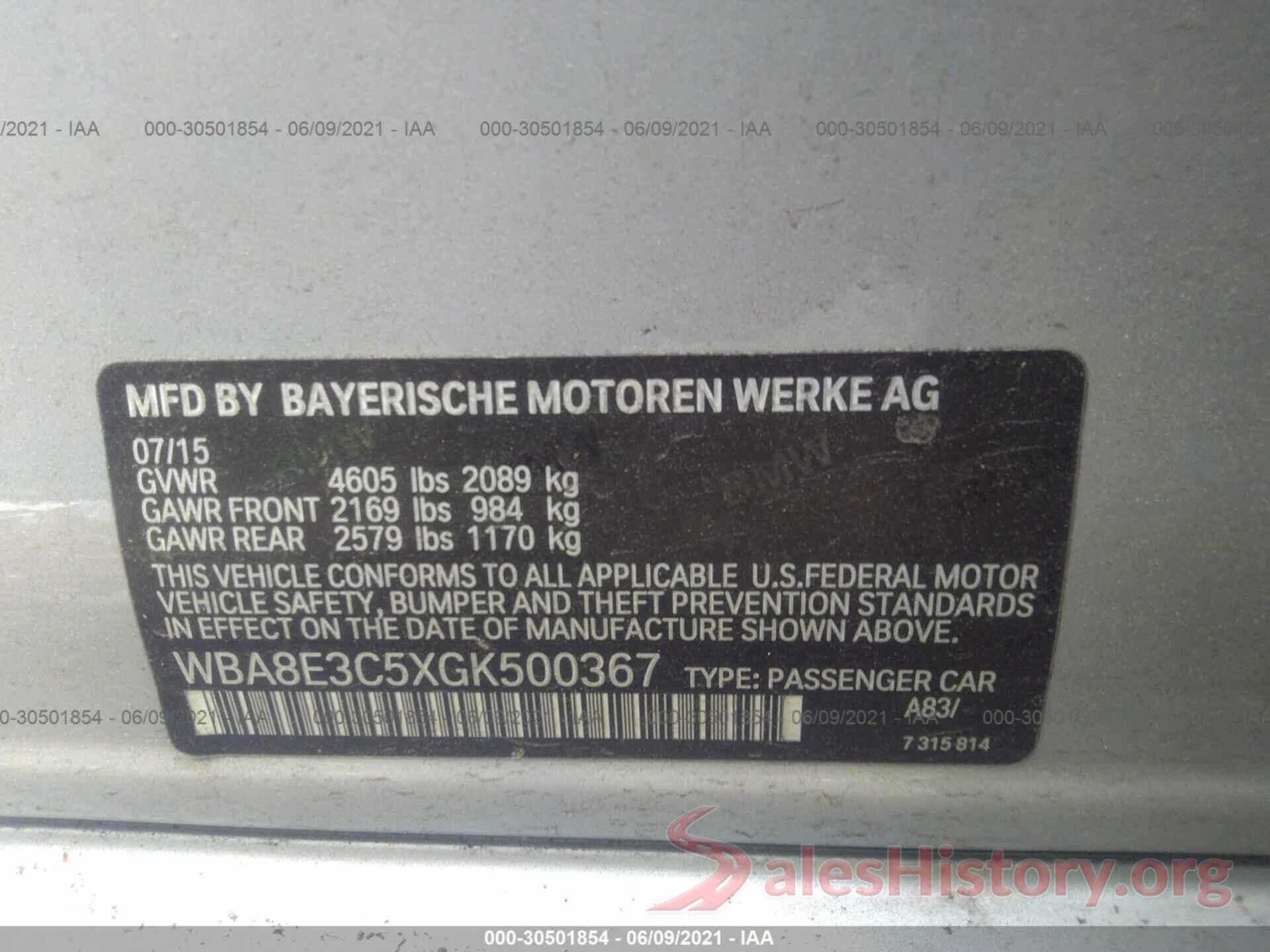 WBA8E3C5XGK500367 2016 BMW 3 SERIES