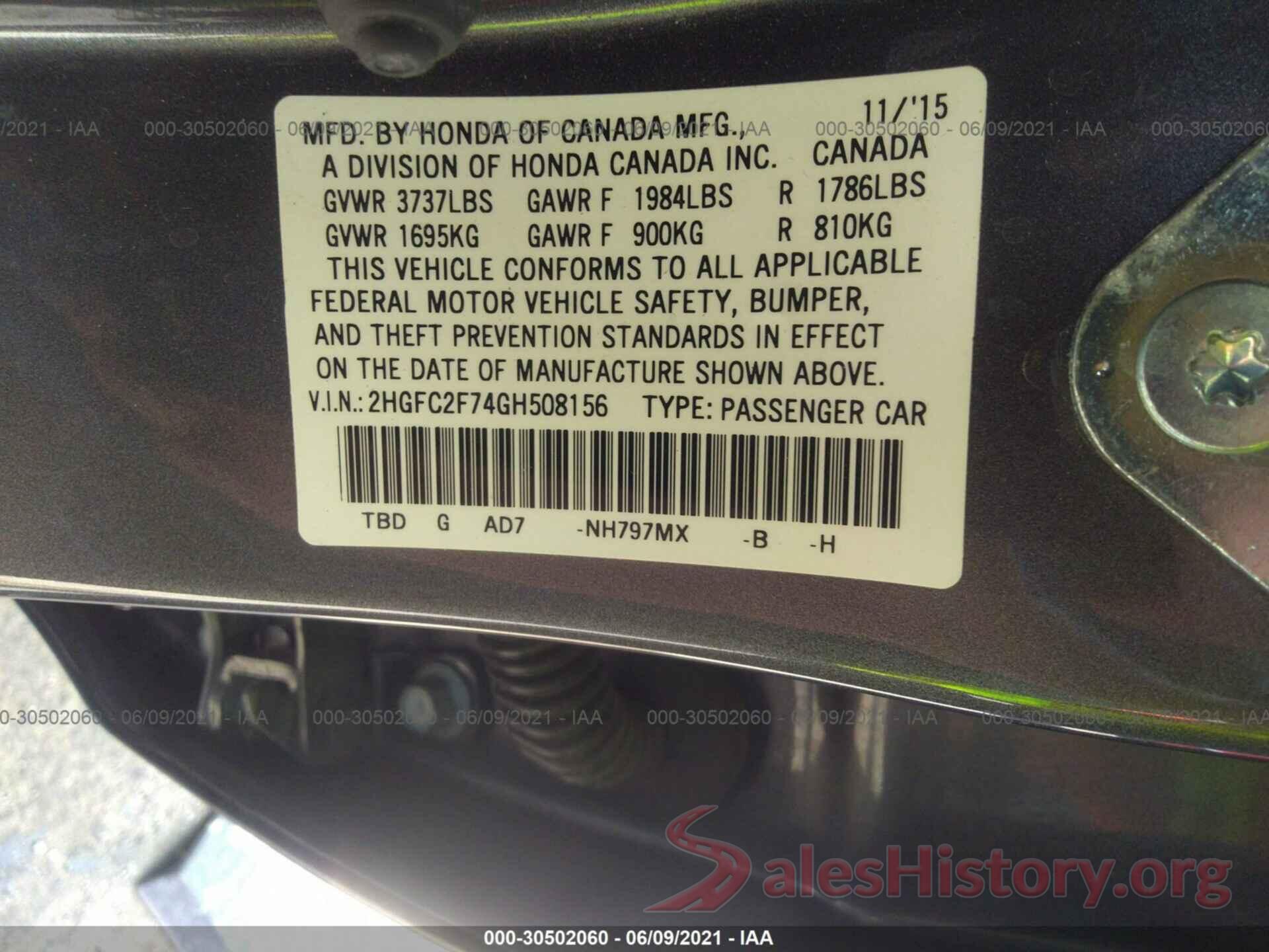 2HGFC2F74GH508156 2016 HONDA CIVIC SEDAN