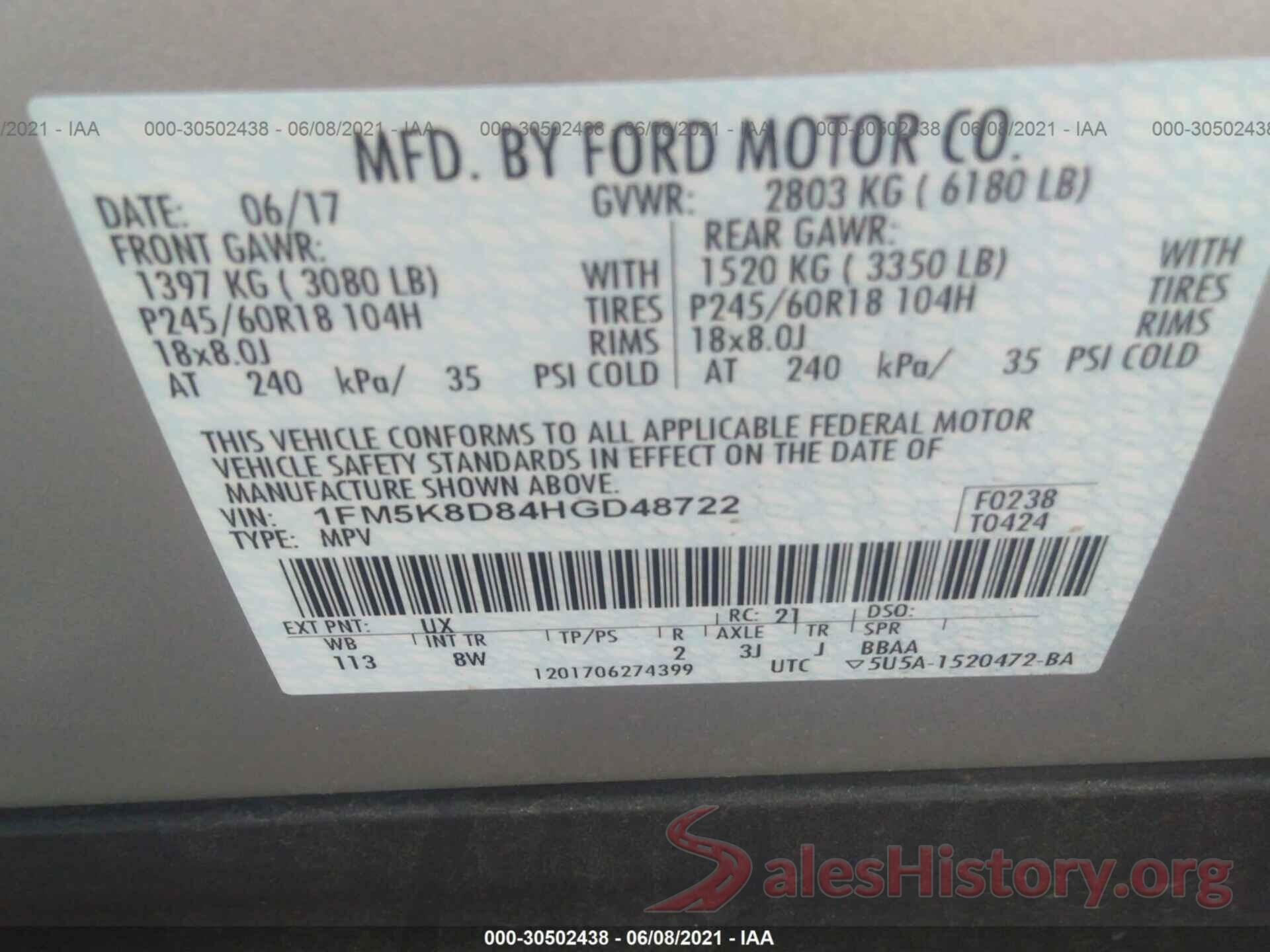 1FM5K8D84HGD48722 2017 FORD EXPLORER