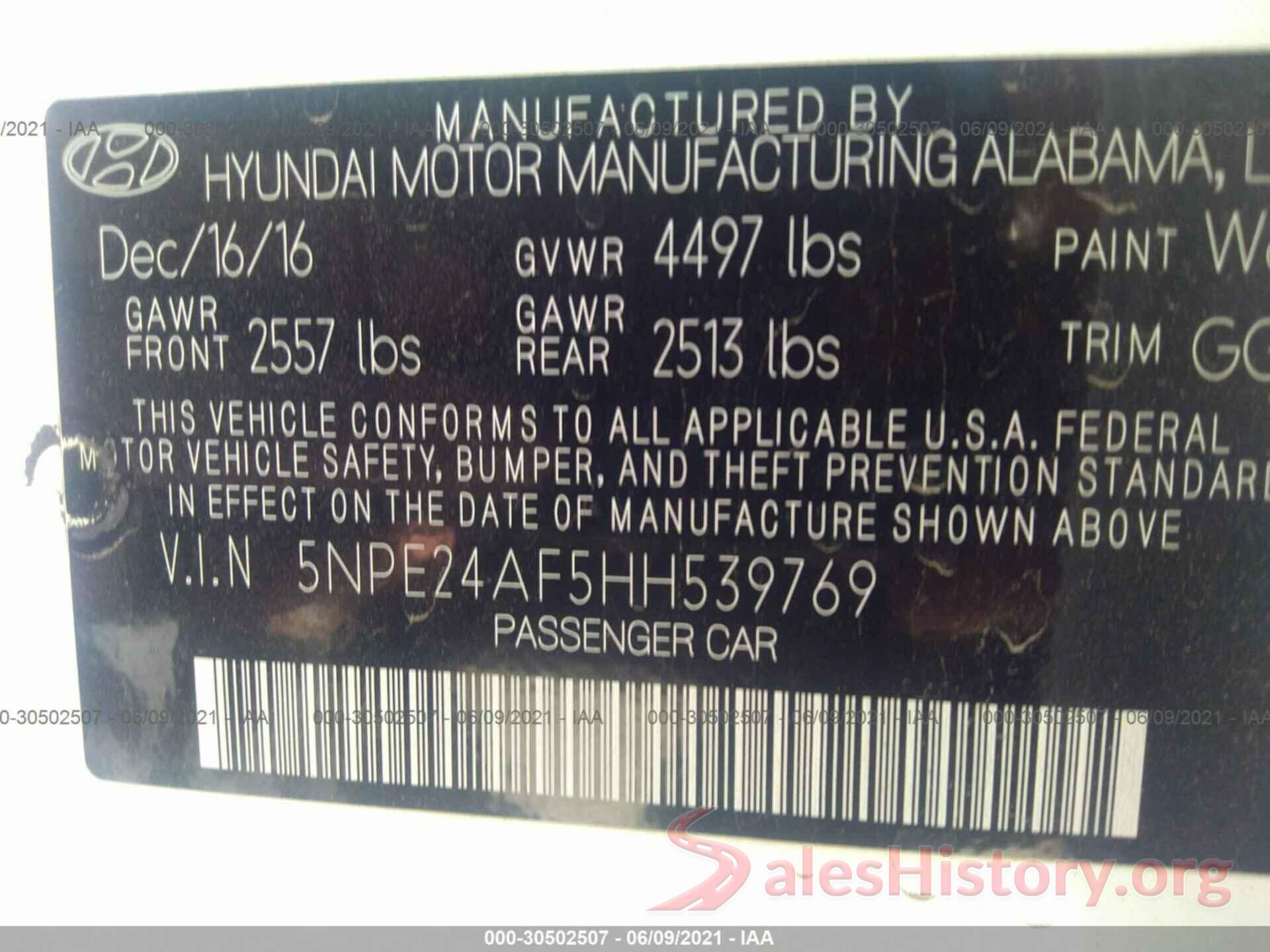 5NPE24AF5HH539769 2017 HYUNDAI SONATA