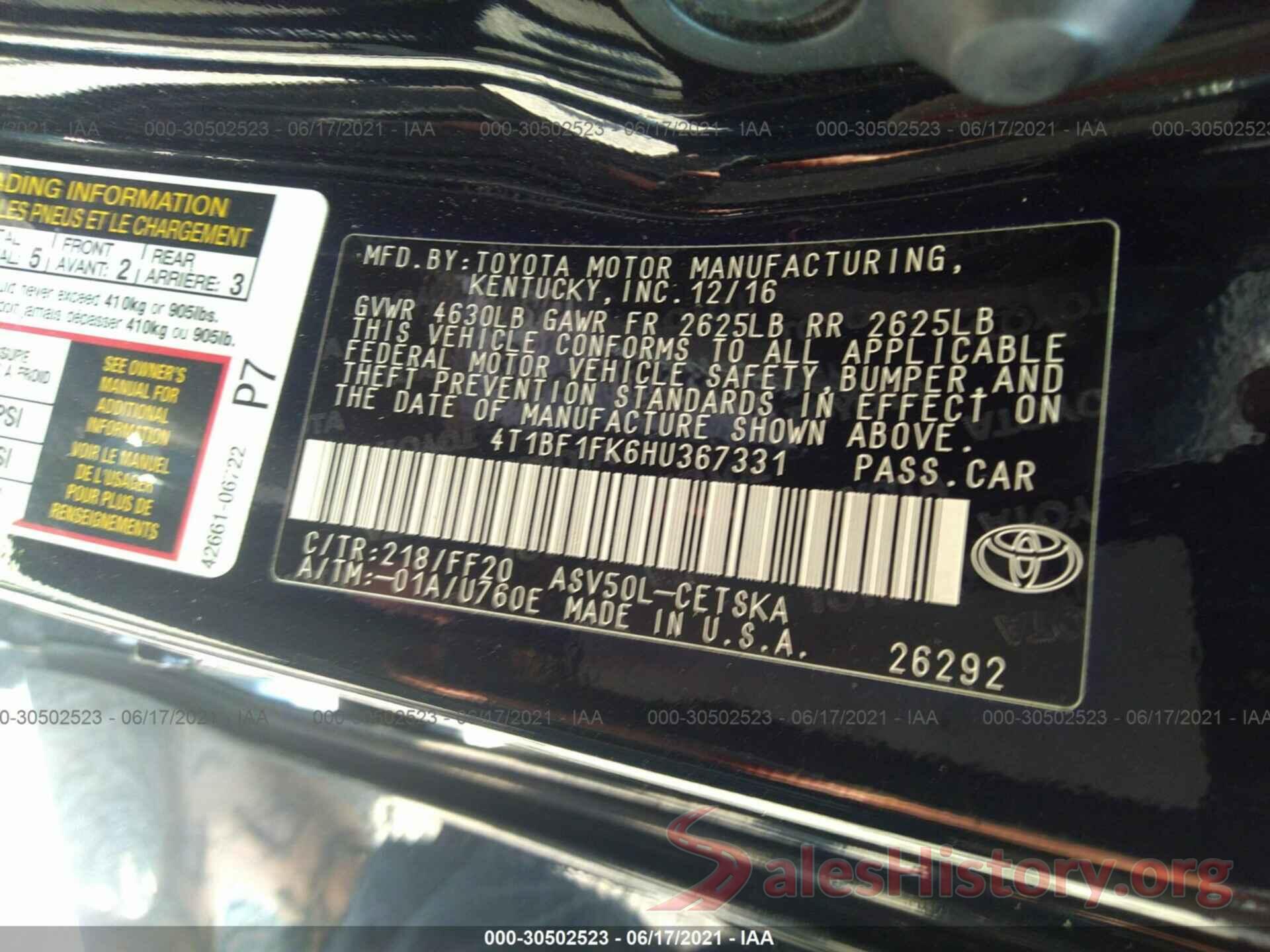 4T1BF1FK6HU367331 2017 TOYOTA CAMRY