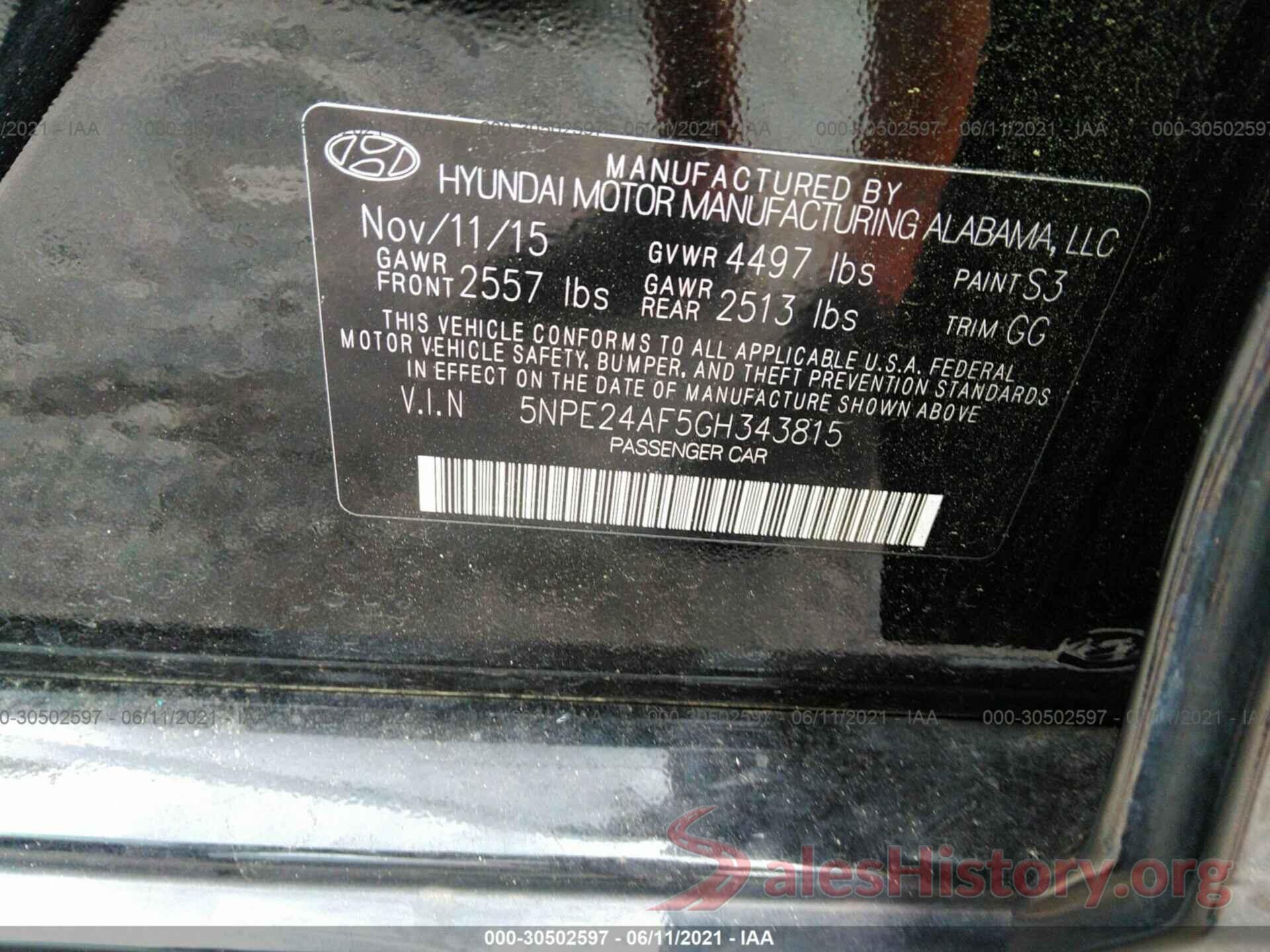 5NPE24AF5GH343815 2016 HYUNDAI SONATA