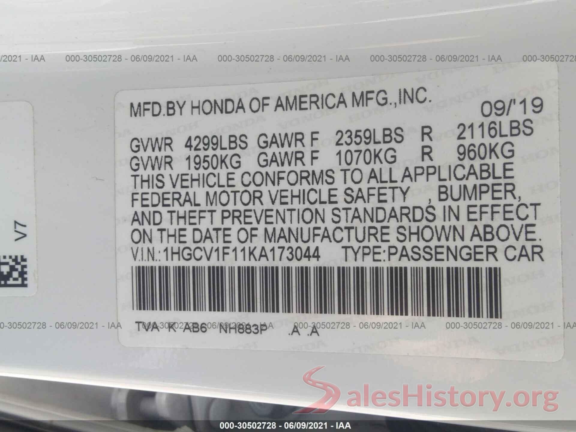 1HGCV1F11KA173044 2019 HONDA ACCORD SEDAN