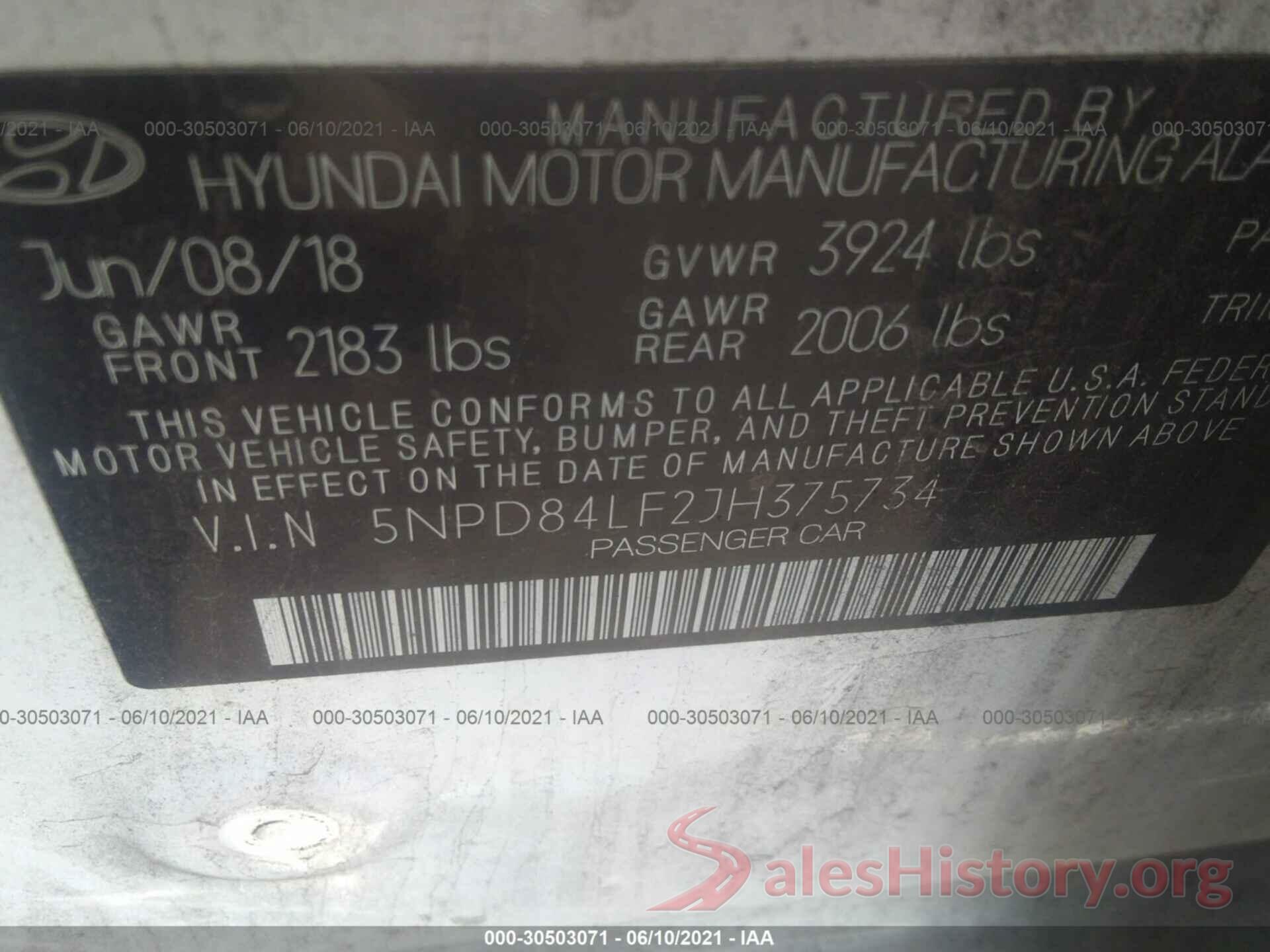 5NPD84LF2JH375734 2018 HYUNDAI ELANTRA