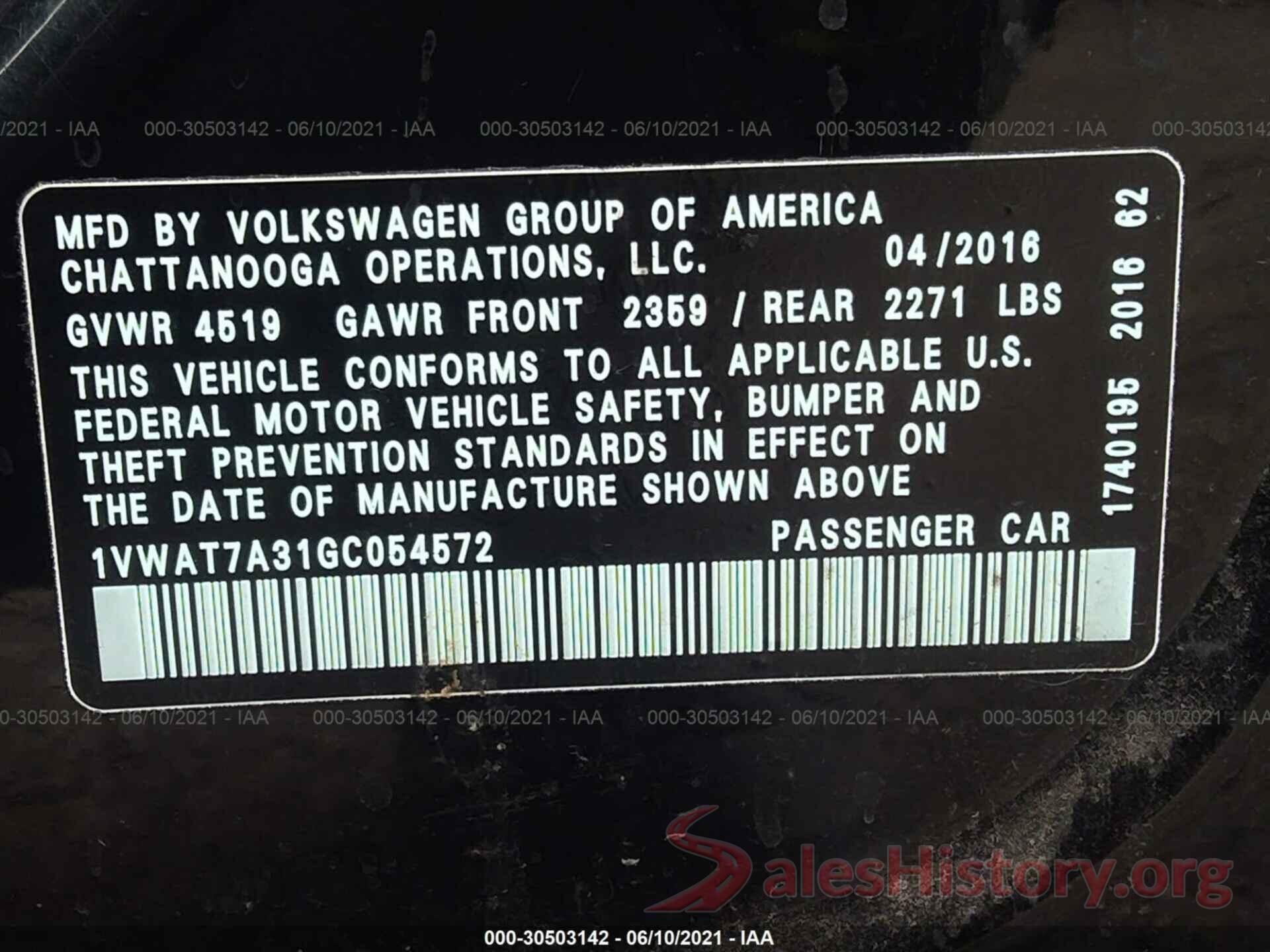 1VWAT7A31GC054572 2016 VOLKSWAGEN PASSAT