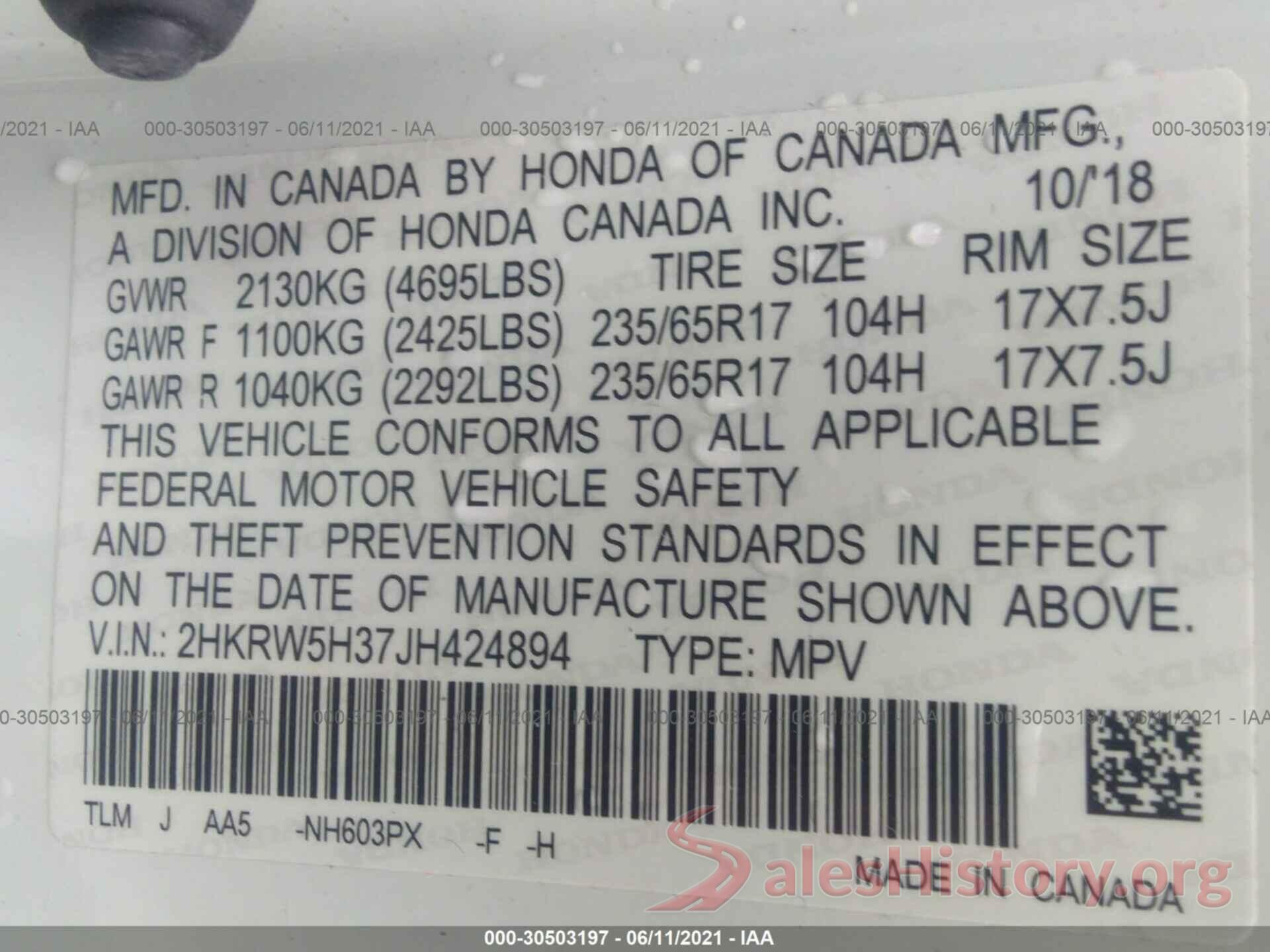 2HKRW5H37JH424894 2018 HONDA CR-V