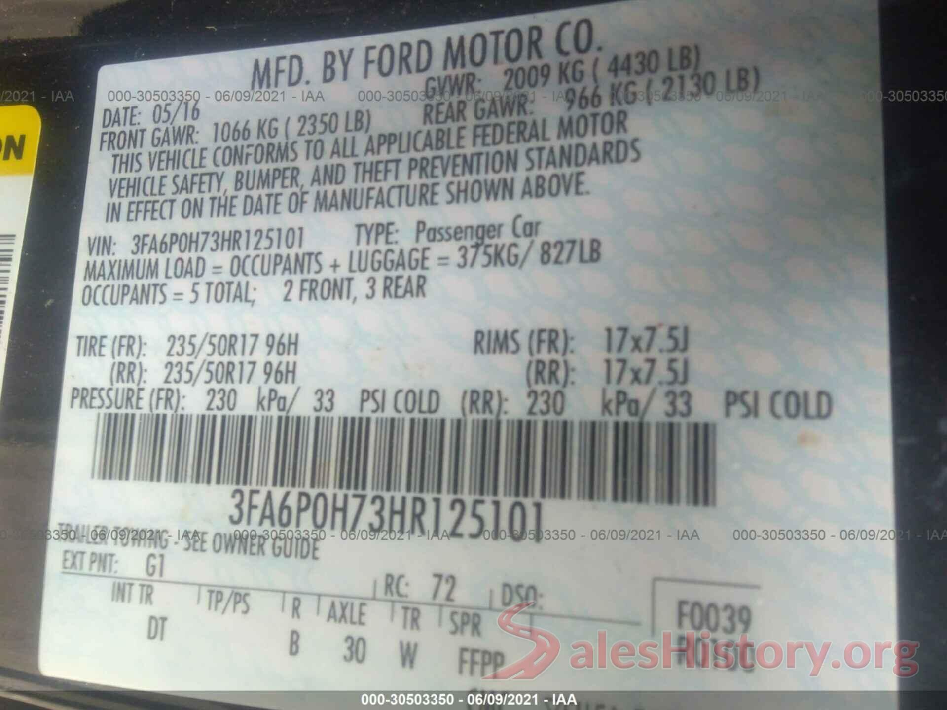 3FA6P0H73HR125101 2017 FORD FUSION