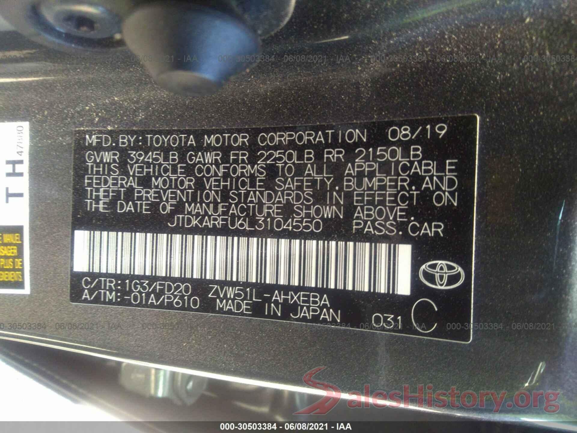 JTDKARFU6L3104550 2020 TOYOTA PRIUS