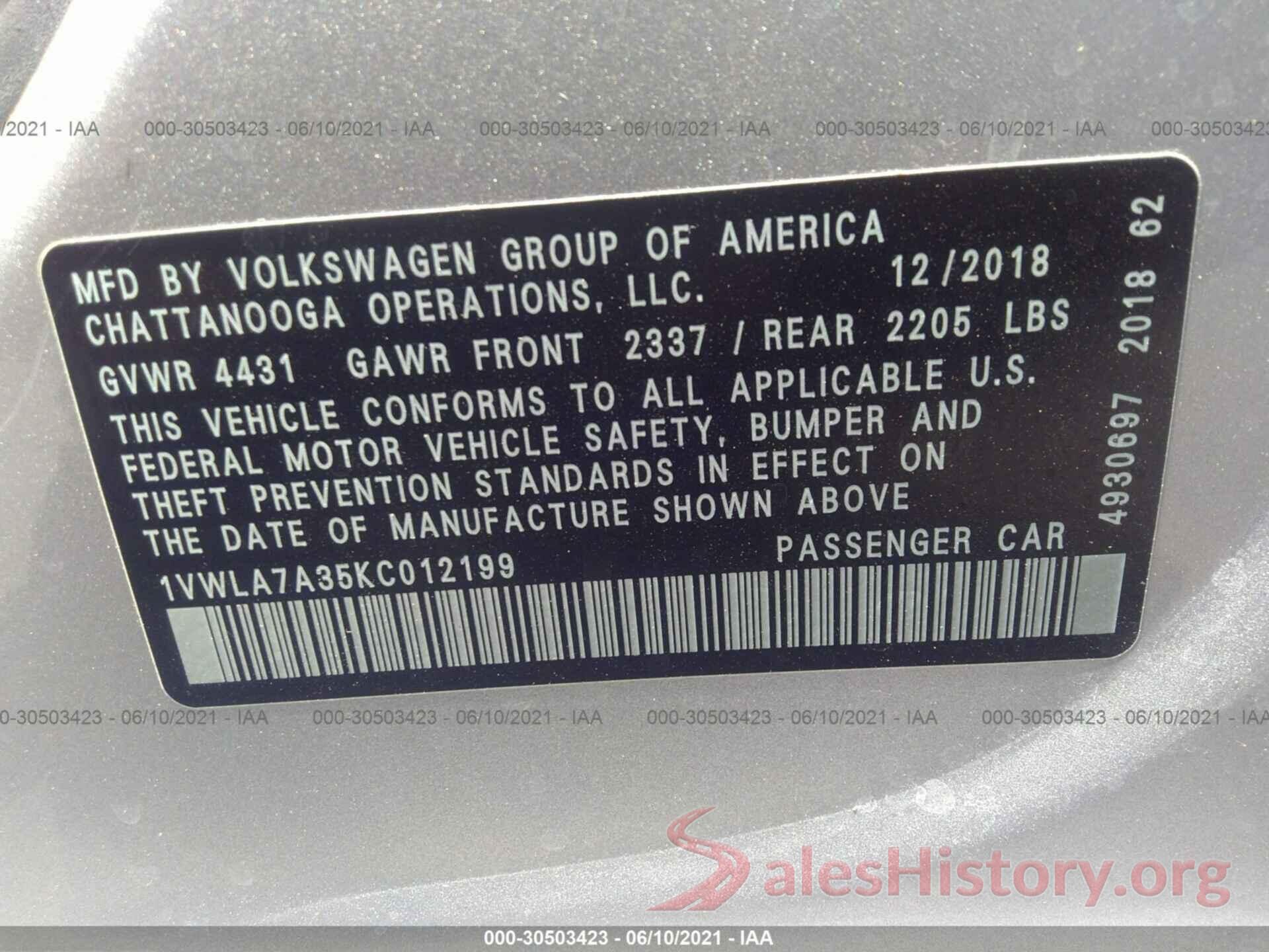 1VWLA7A35KC012199 2019 VOLKSWAGEN PASSAT