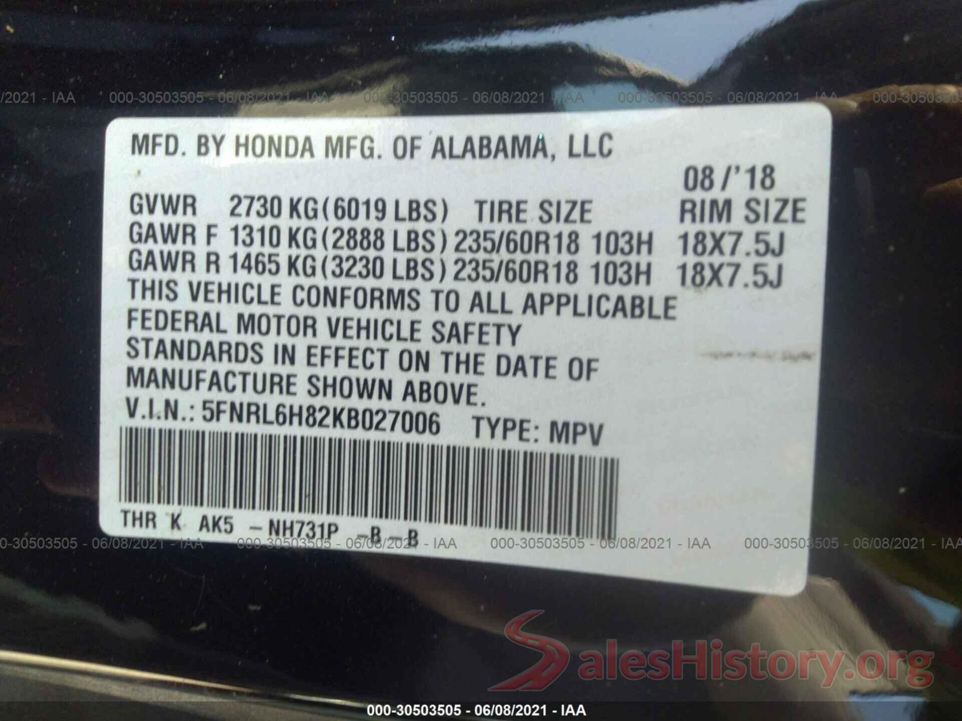 5FNRL6H82KB027006 2019 HONDA ODYSSEY