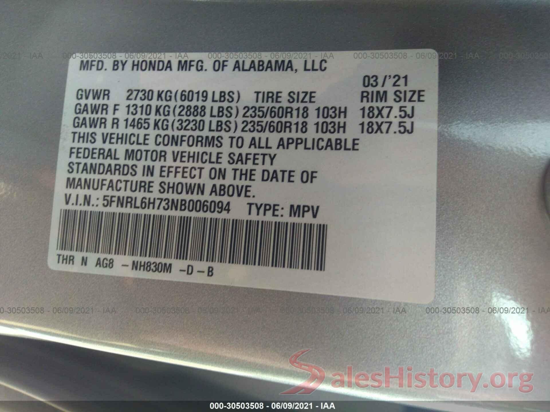 5FNRL6H73NB006094 2022 HONDA ODYSSEY