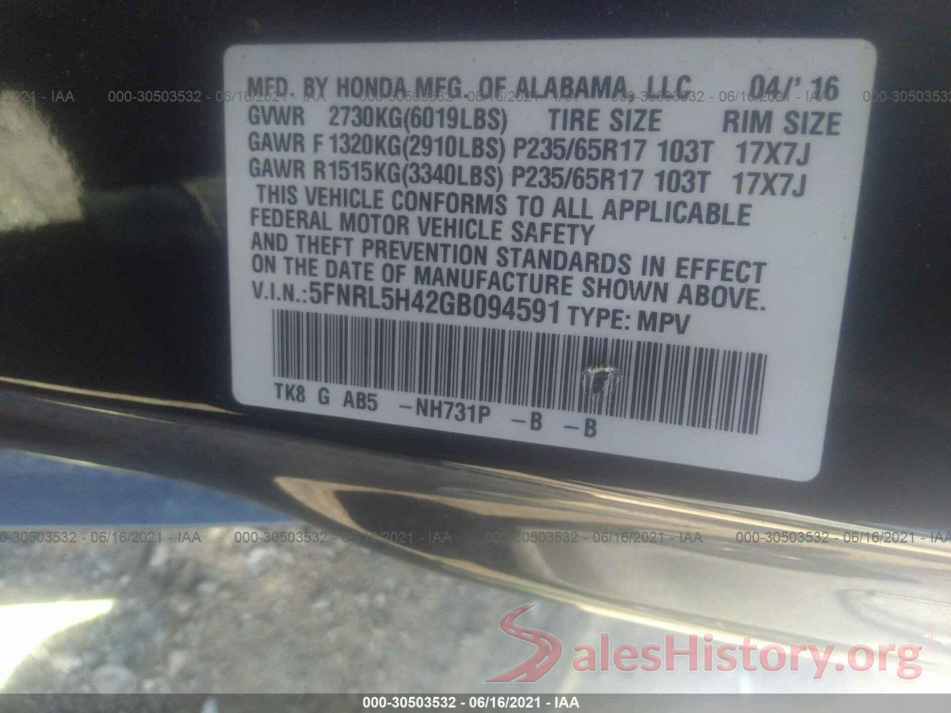 5FNRL5H42GB094591 2016 HONDA ODYSSEY