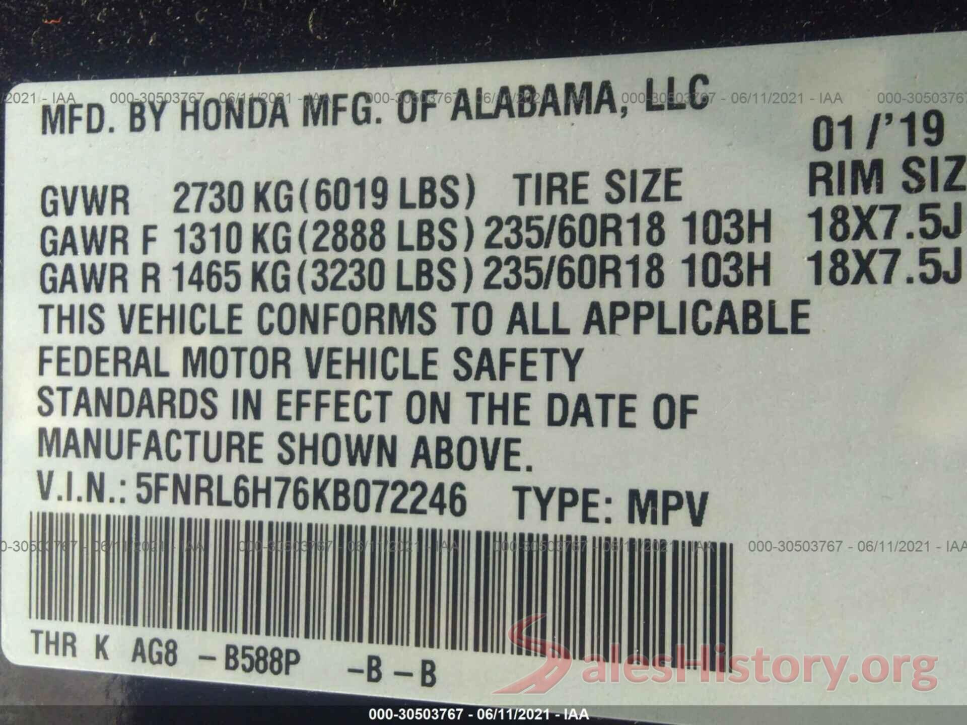 5FNRL6H76KB072246 2019 HONDA ODYSSEY