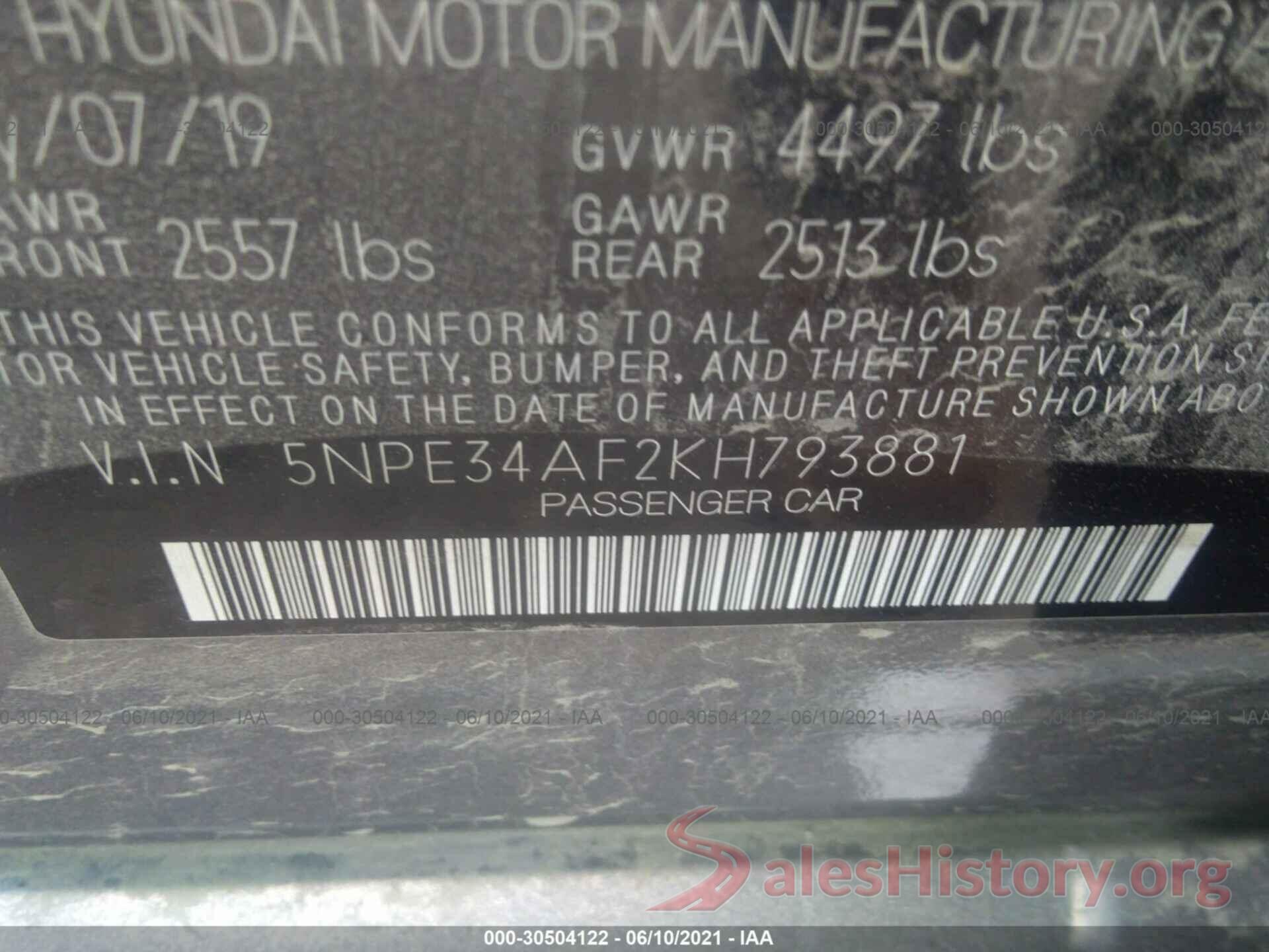 5NPE34AF2KH793881 2019 HYUNDAI SONATA