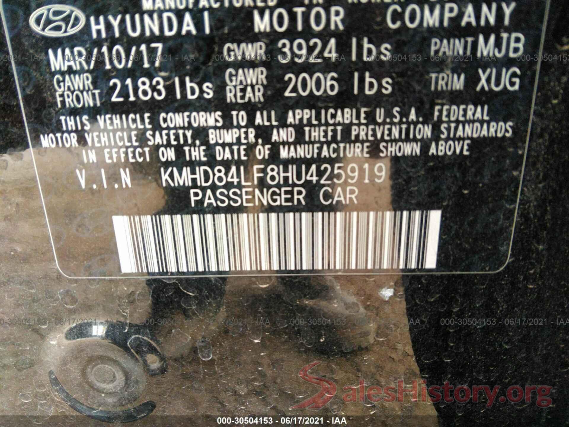 KMHD84LF8HU425919 2017 HYUNDAI ELANTRA