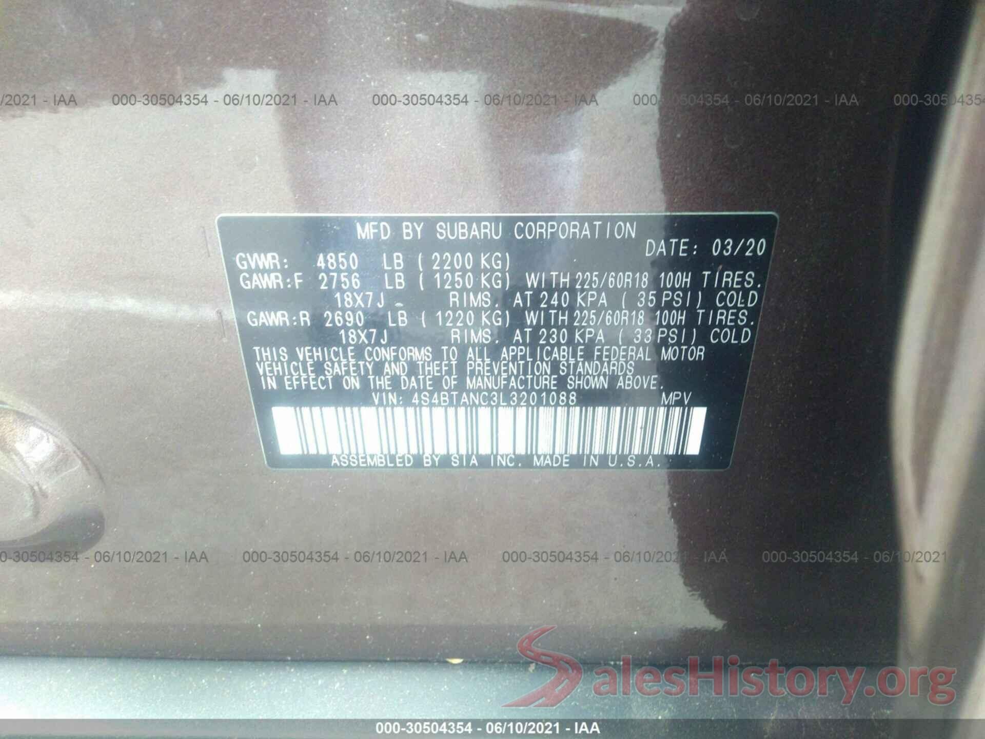 4S4BTANC3L3201088 2020 SUBARU OUTBACK