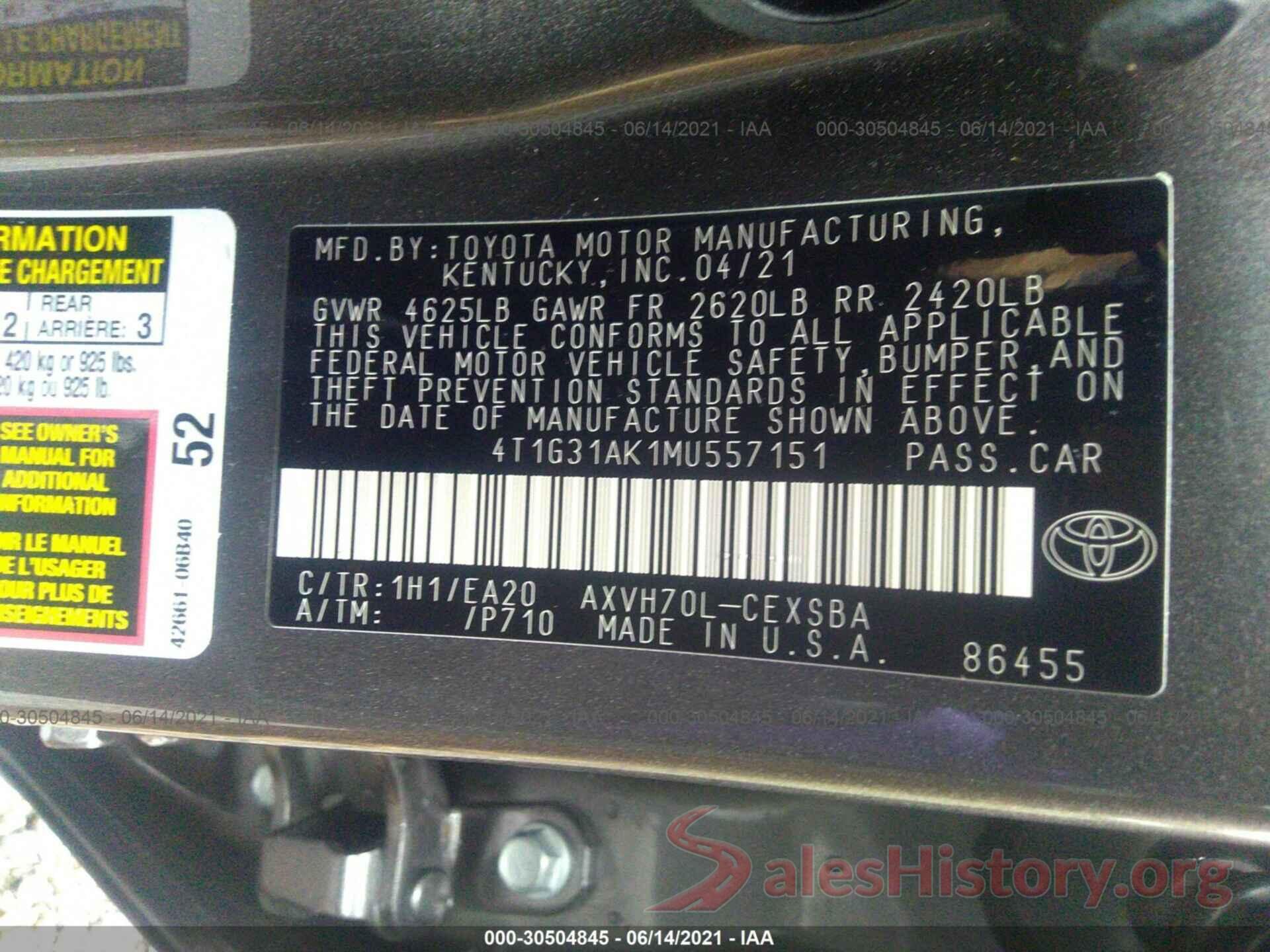 4T1G31AK1MU557151 2021 TOYOTA CAMRY