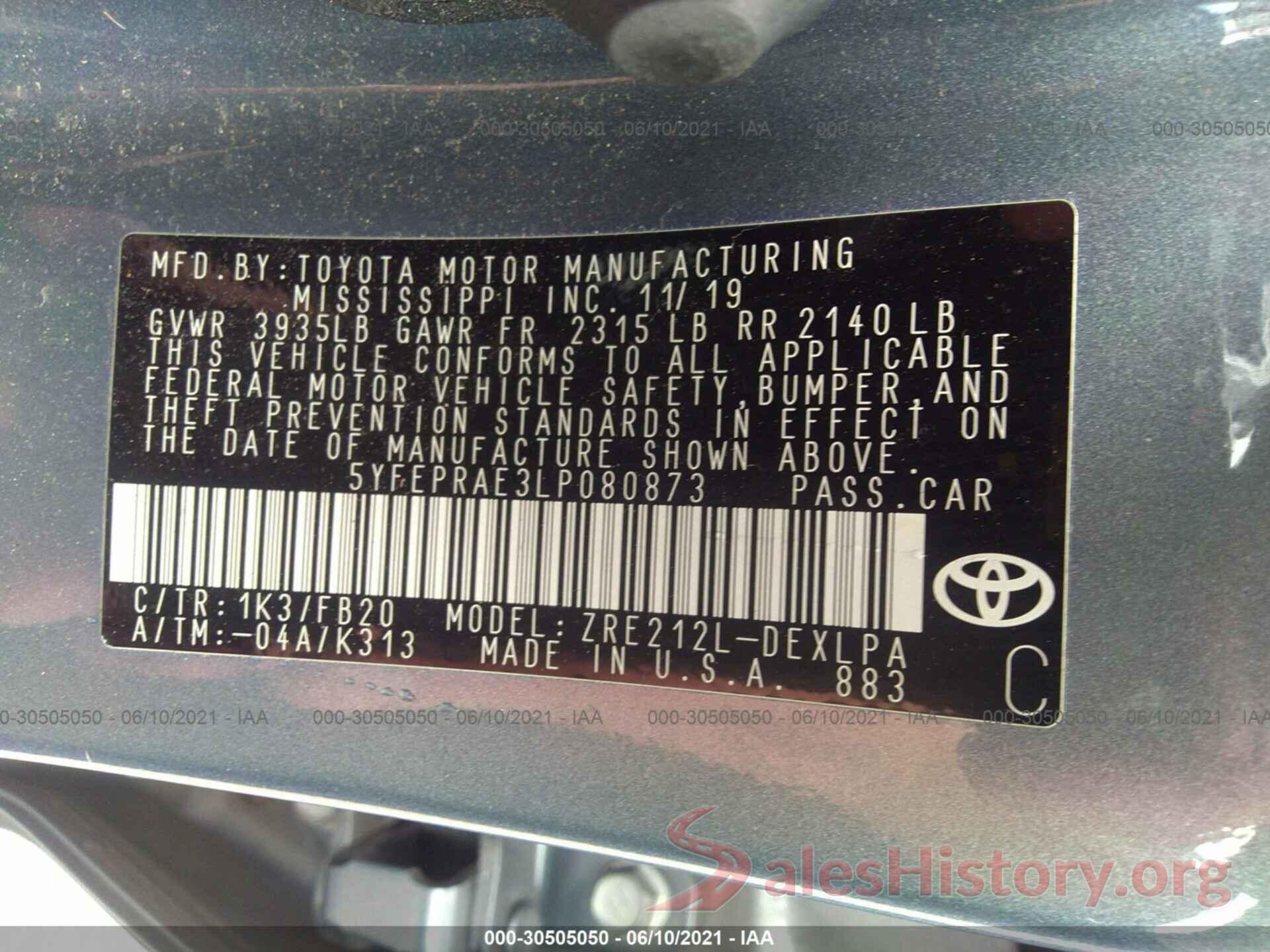 5YFEPRAE3LP080873 2020 TOYOTA COROLLA