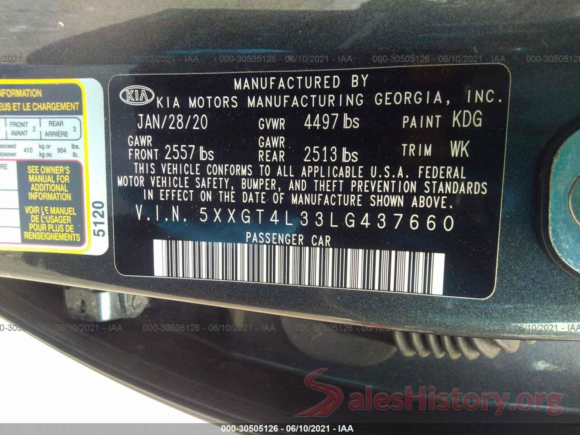 5XXGT4L33LG437660 2020 KIA OPTIMA